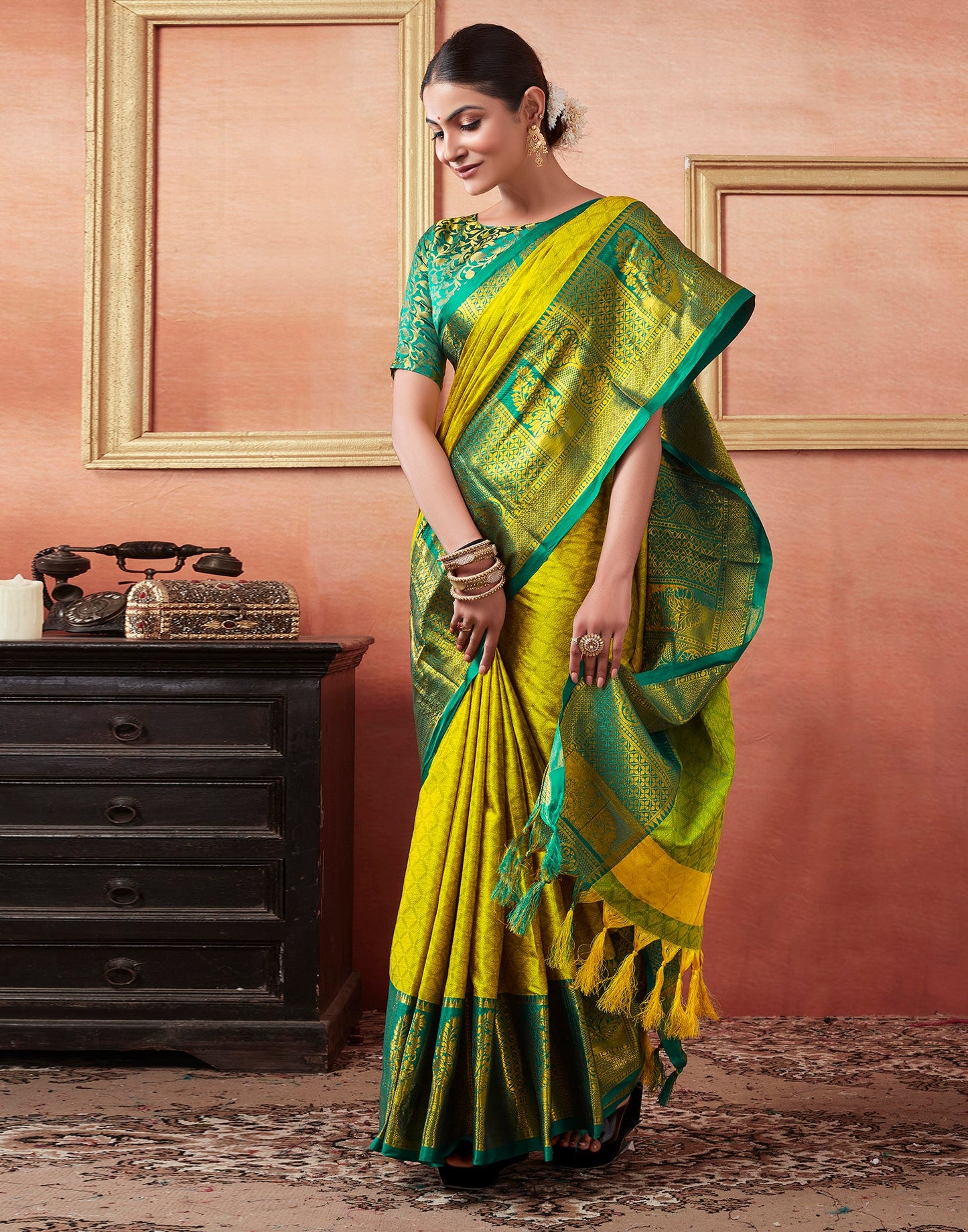 Lime Green Silk Weaves Saree