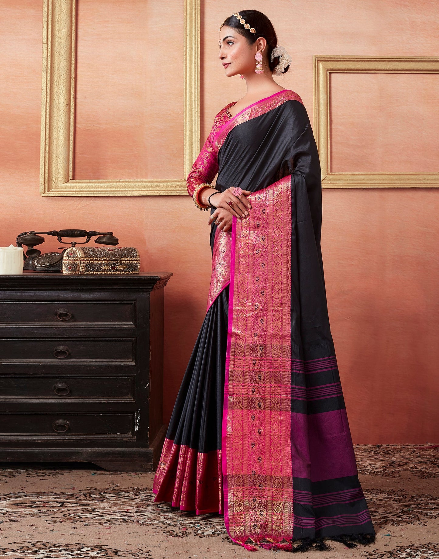 Black & Pink Silk Plain Saree