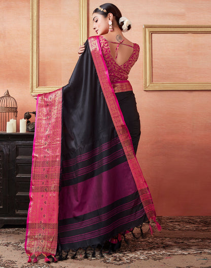 Black & Pink Silk Plain Saree