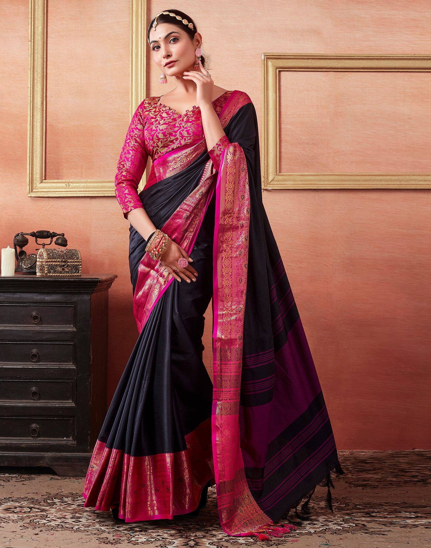 Black & Pink Silk Plain Saree