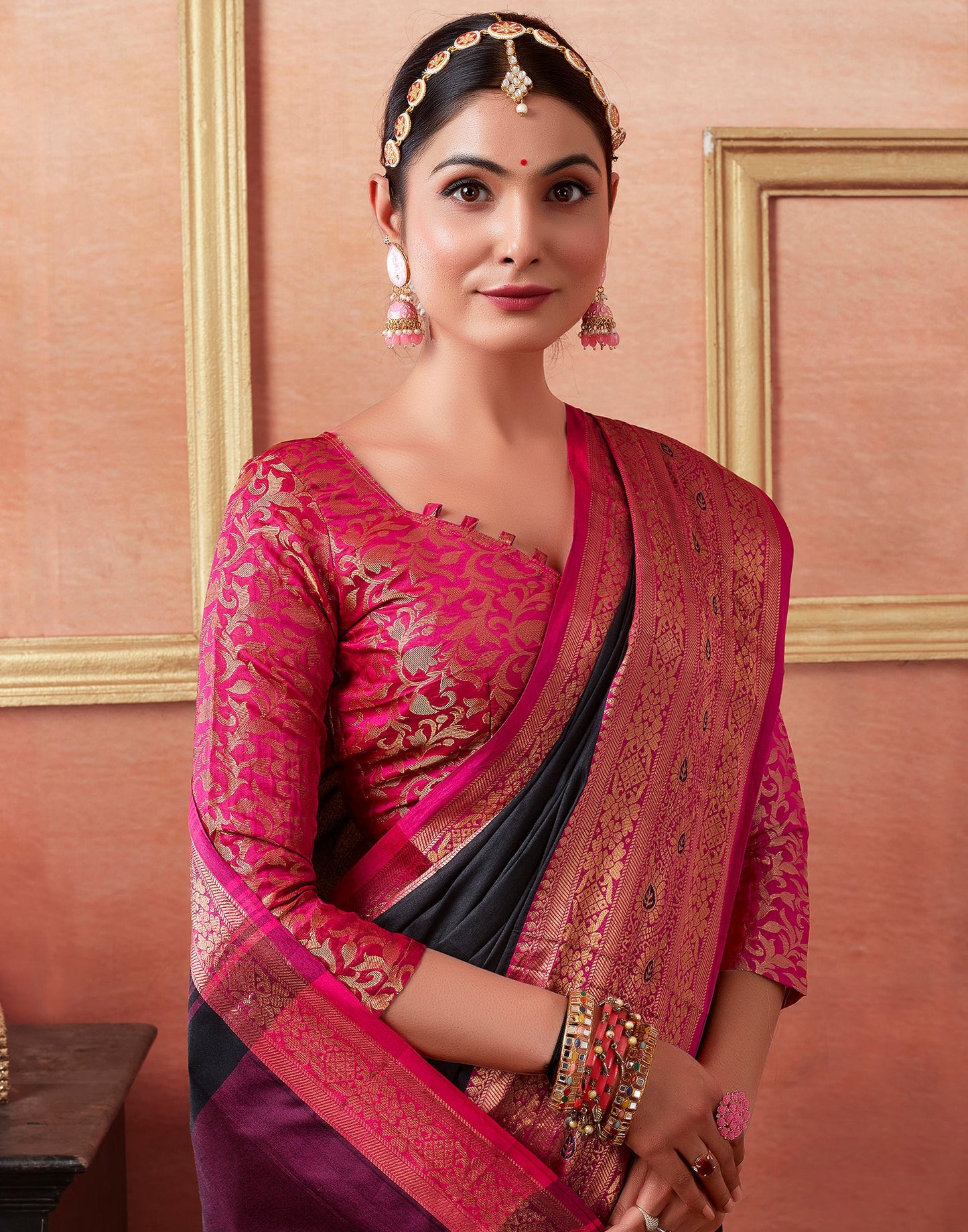 Black & Pink Silk Plain Saree