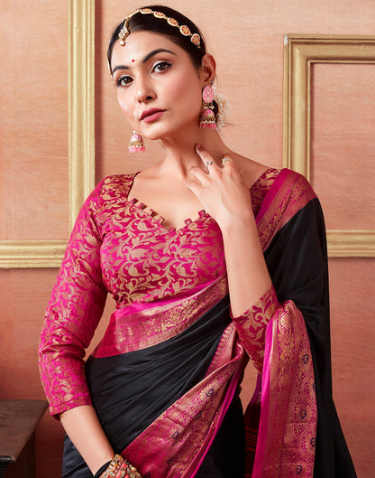 Black & Pink Silk Plain Saree