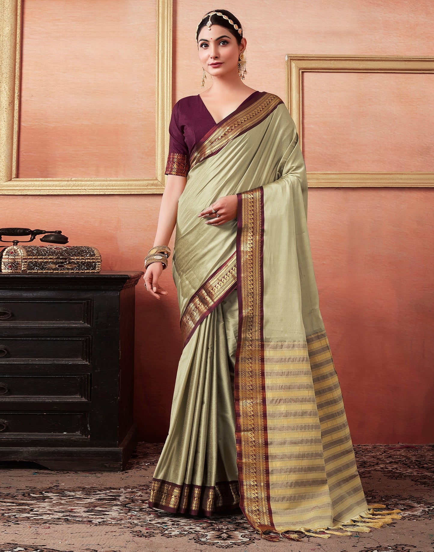 Khaki Silk Plain Saree