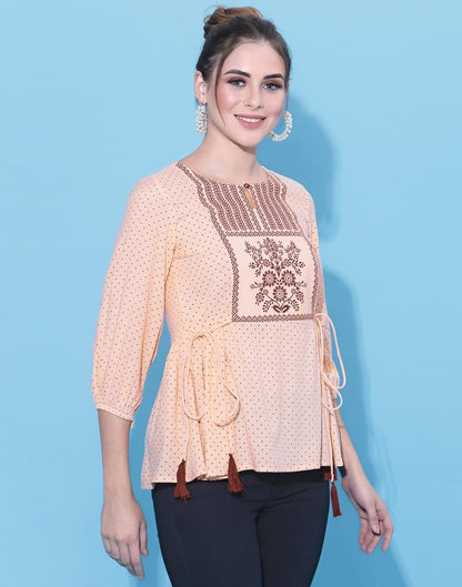Pastel Peach Printed tie up Top | Leemboodi