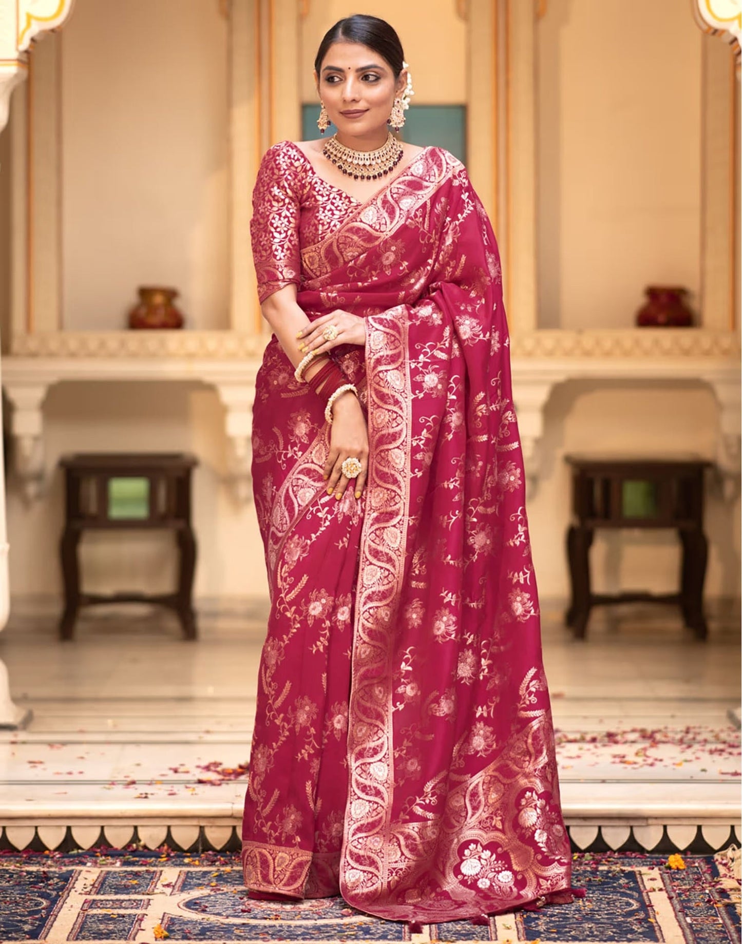 Dark Pink Banarasi Silk Saree
