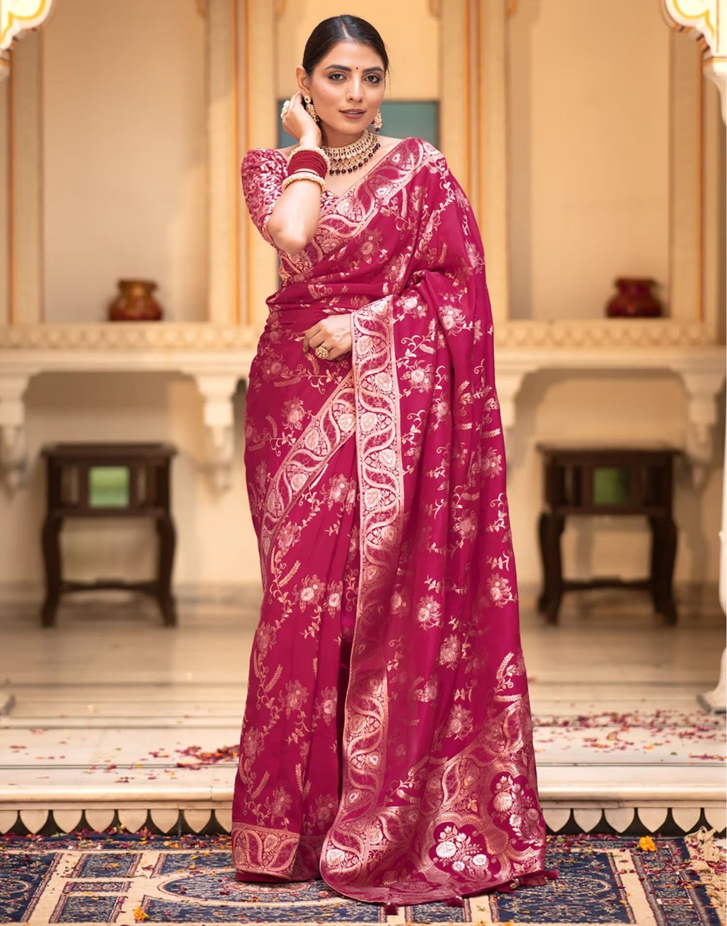 Dark Pink Banarasi Silk Saree