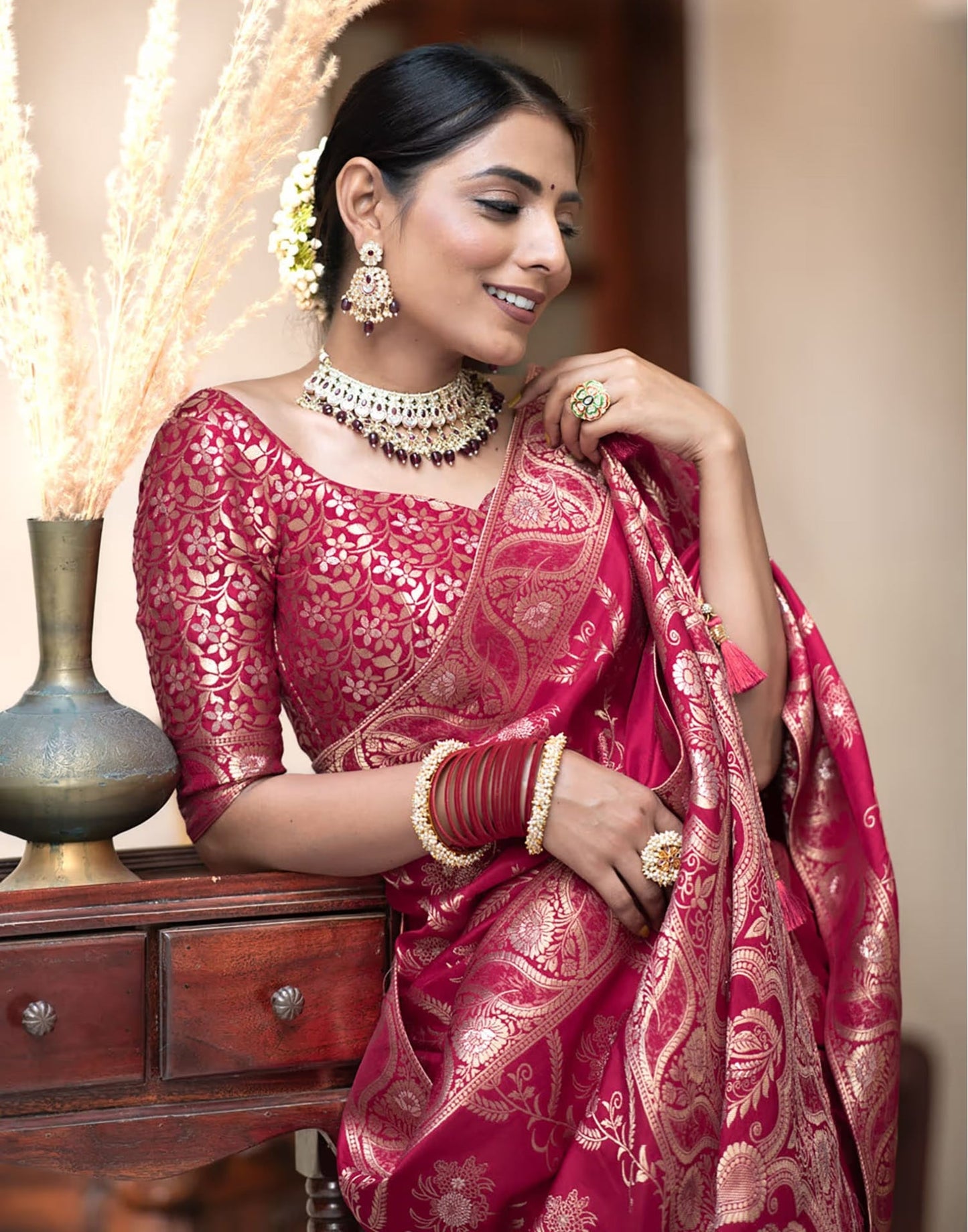 Dark Pink Banarasi Silk Saree
