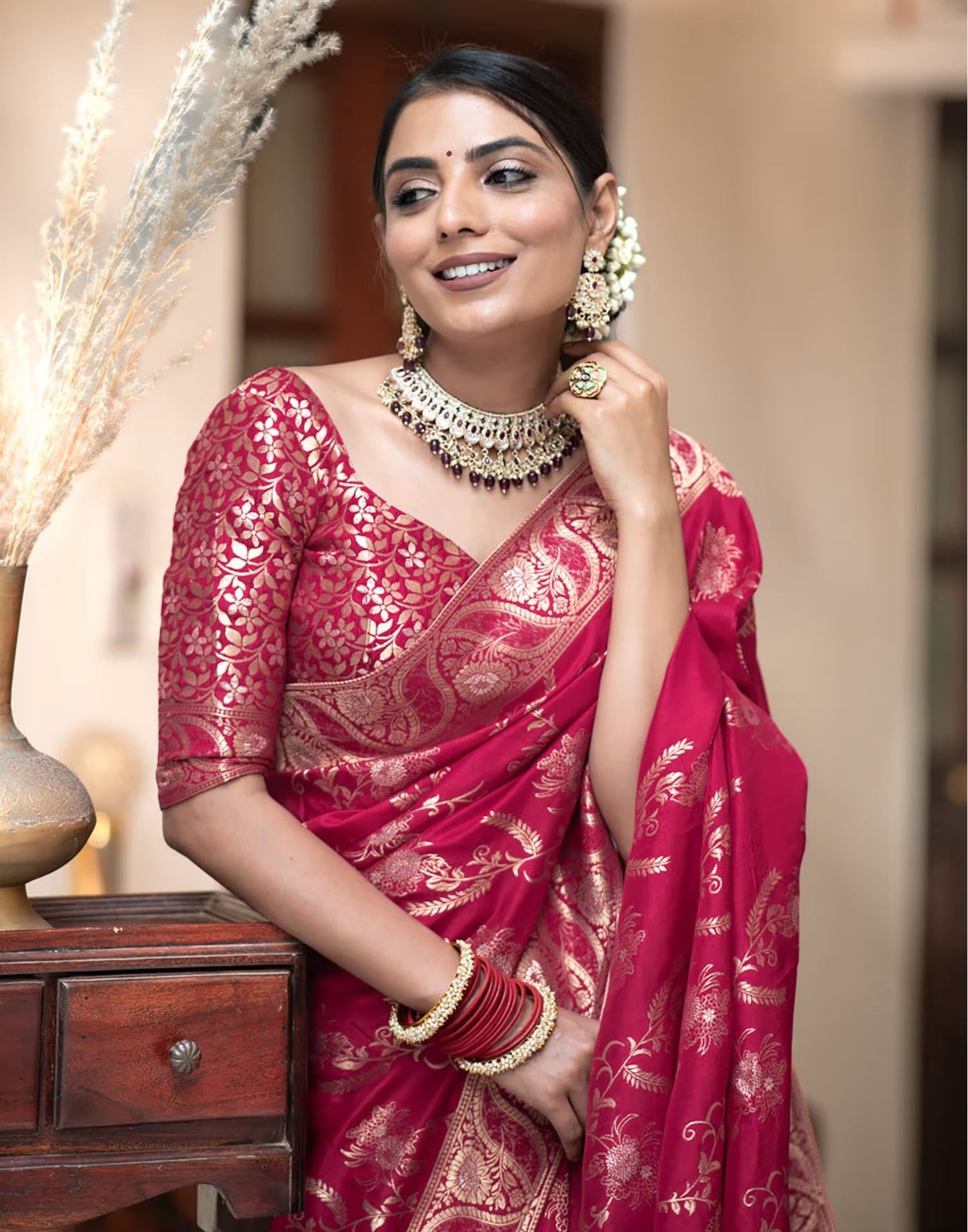 Dark Pink Banarasi Silk Saree