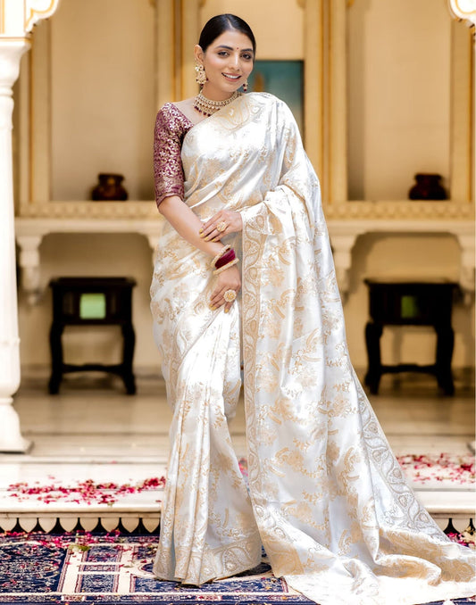 White Banarasi Silk Saree