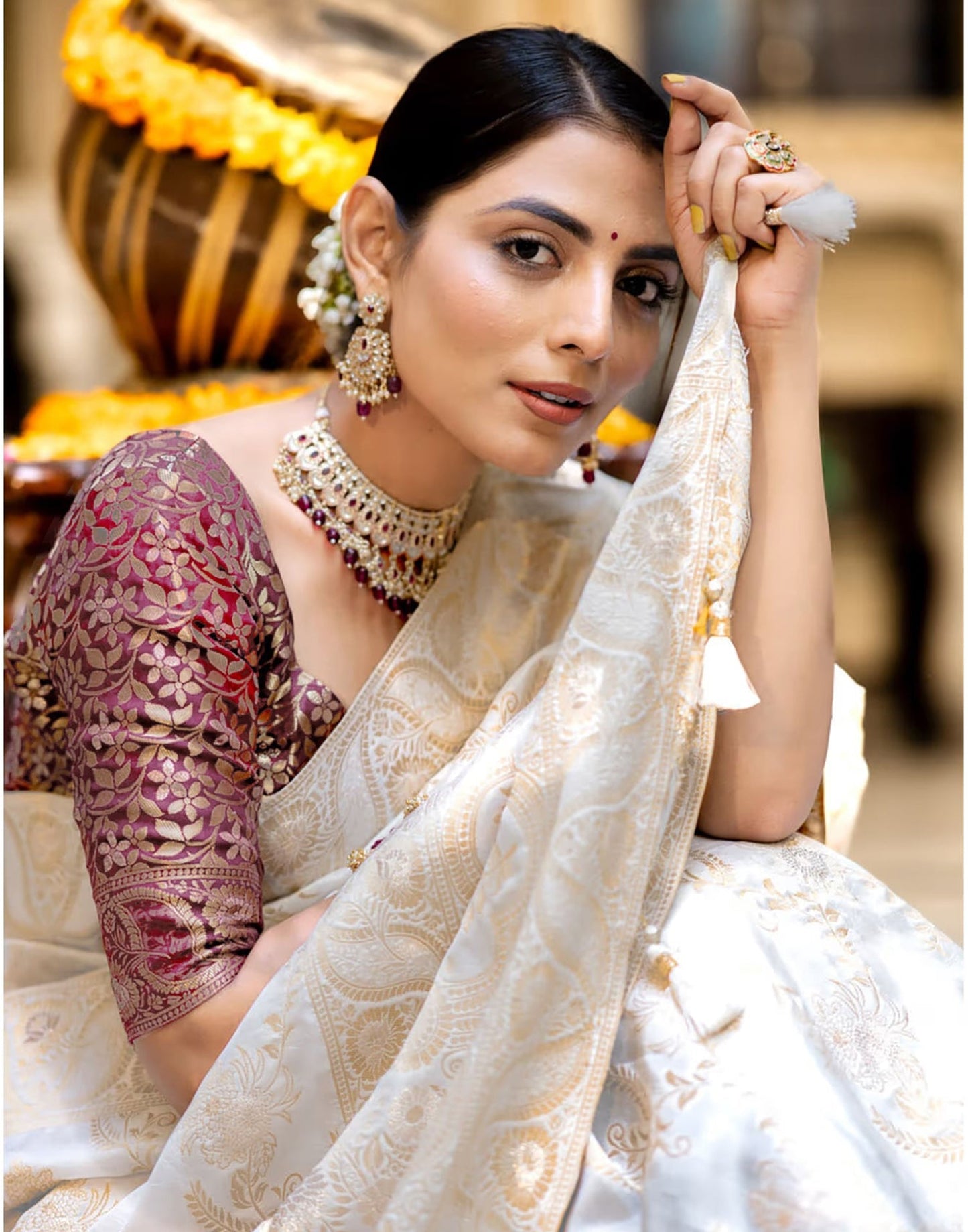 White Banarasi Silk Saree