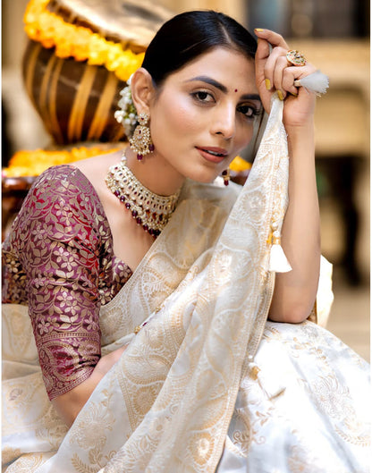 White Banarasi Silk Saree