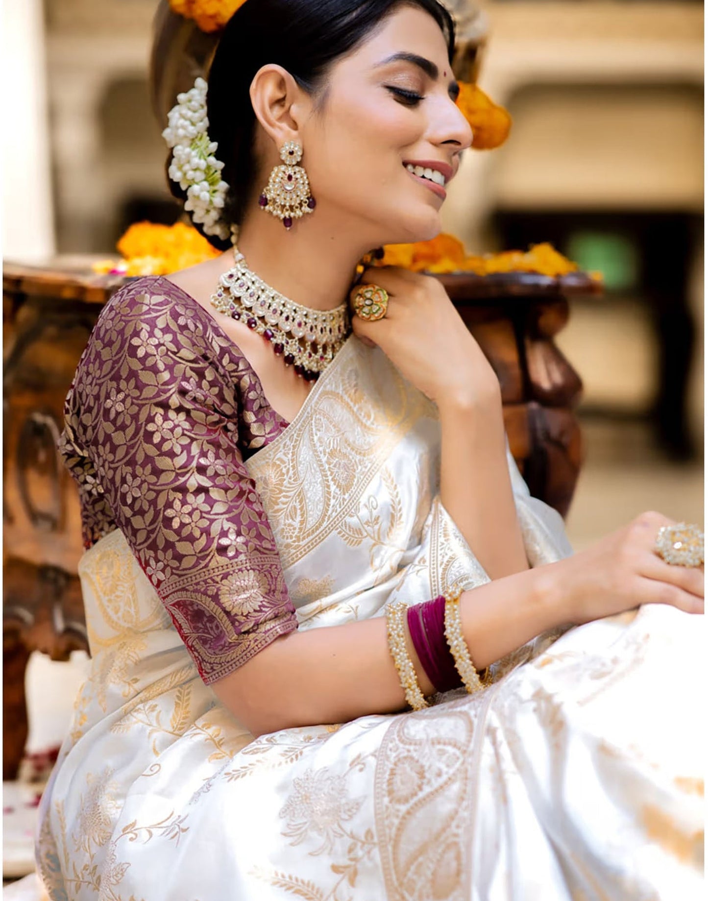 White Banarasi Silk Saree