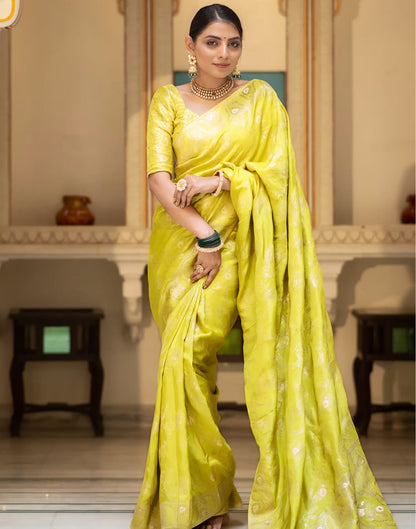 Lime Yellow Silk Plain Saree