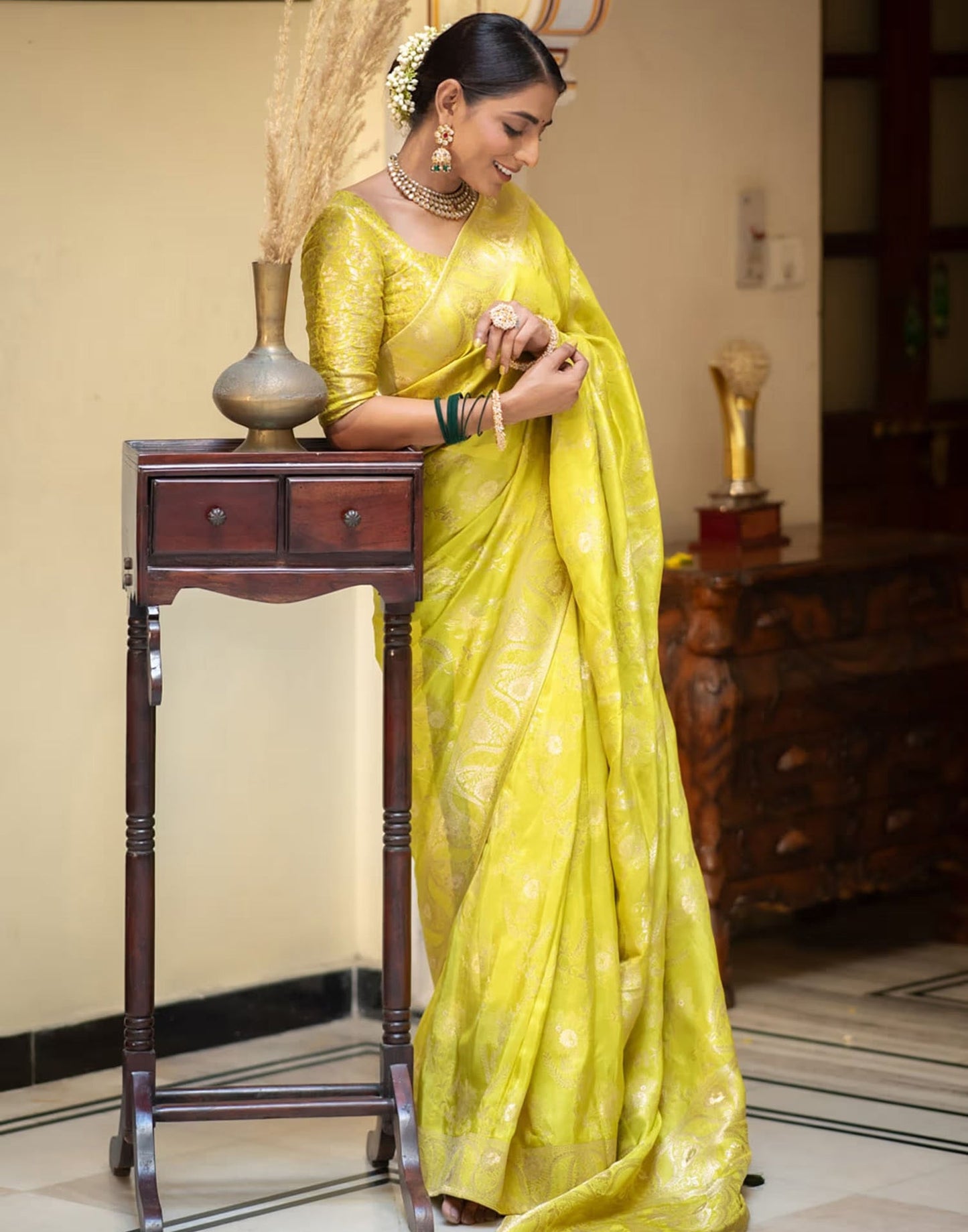 Lime Yellow Silk Plain Saree