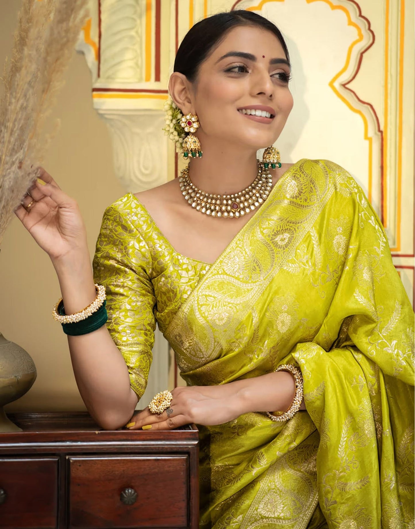 Lime Yellow Silk Plain Saree