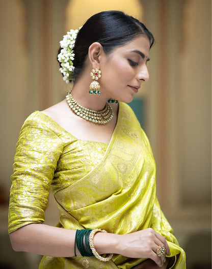 Lime Yellow Silk Plain Saree