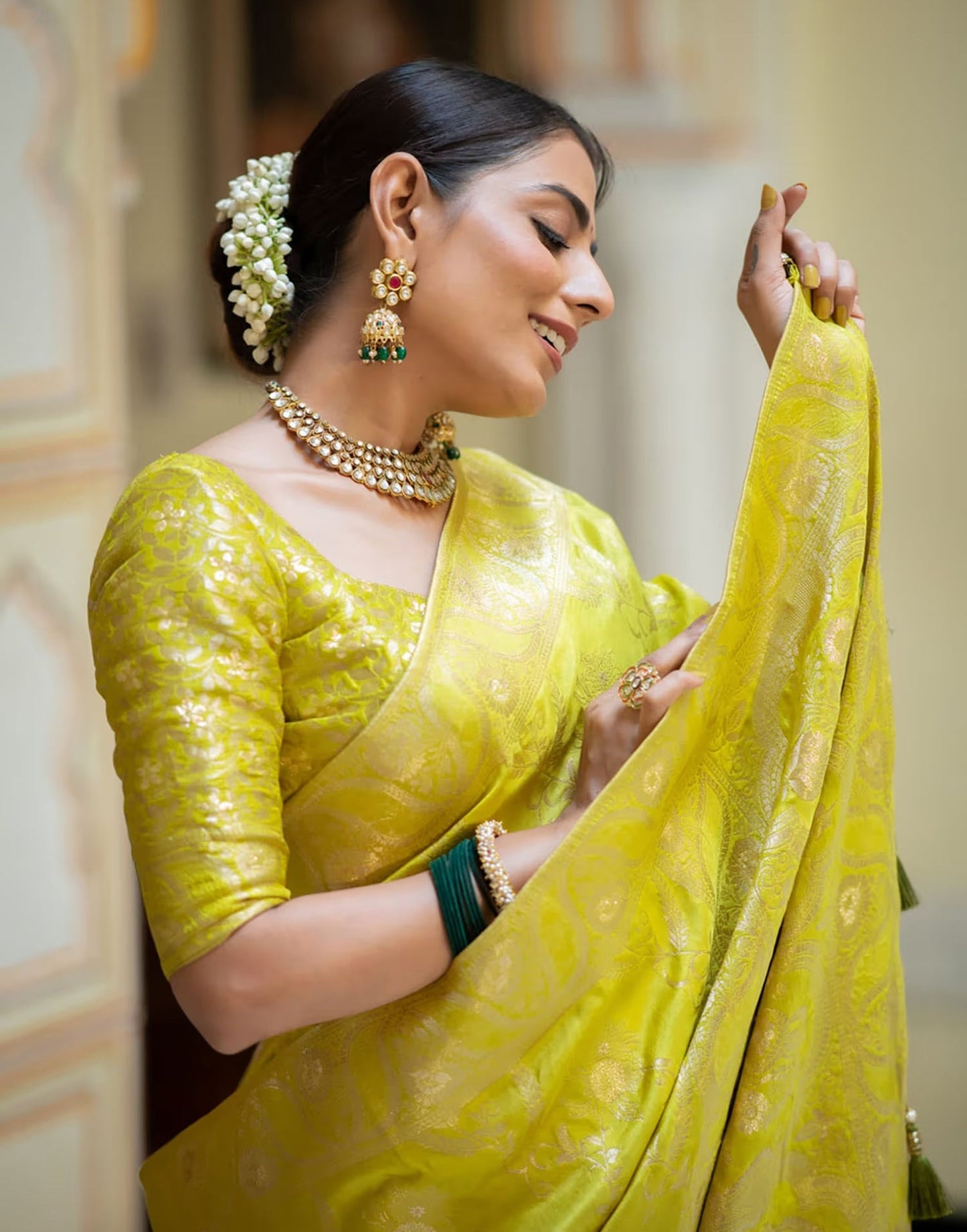 Lime Yellow Silk Plain Saree