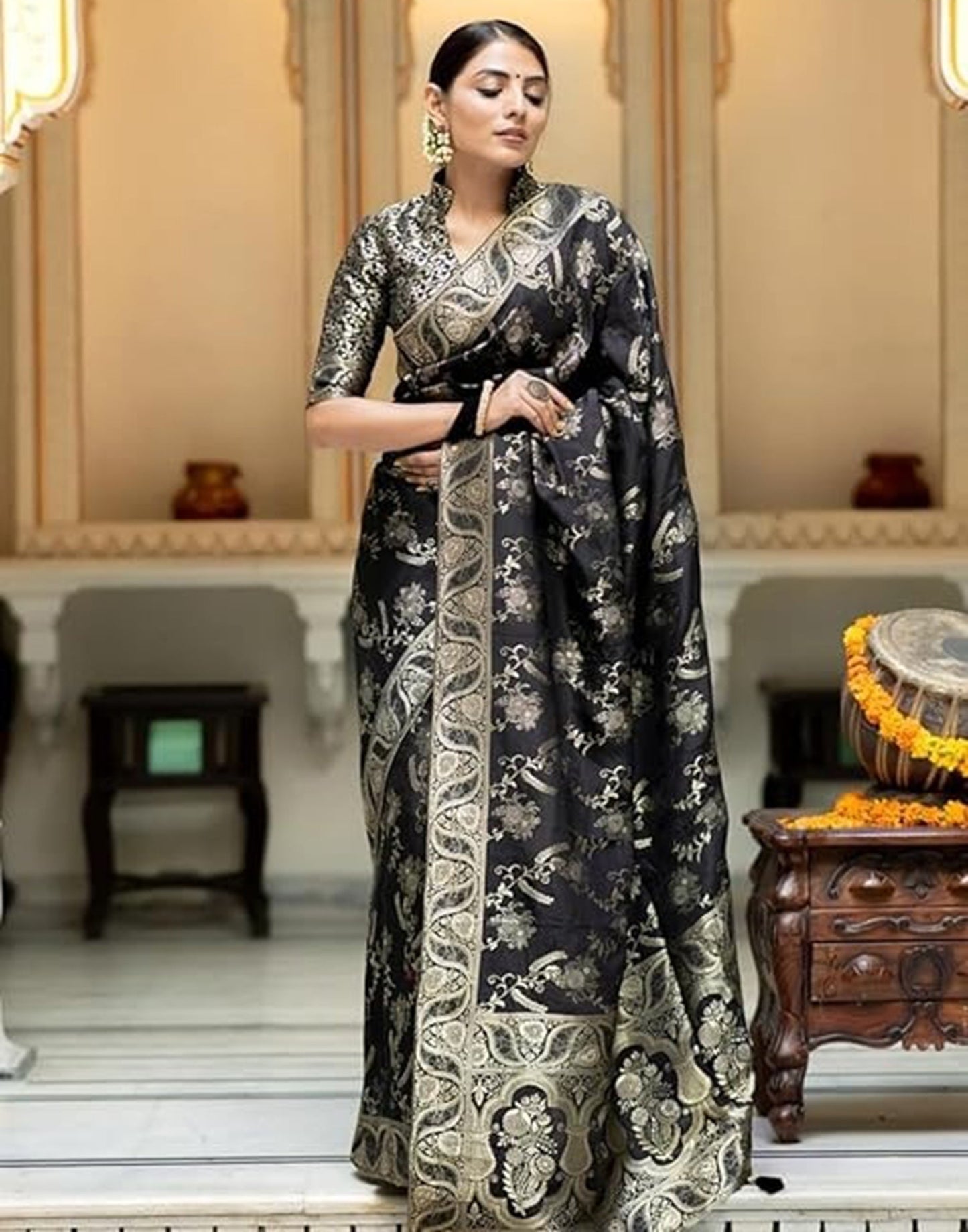 Black Silk Plain Saree