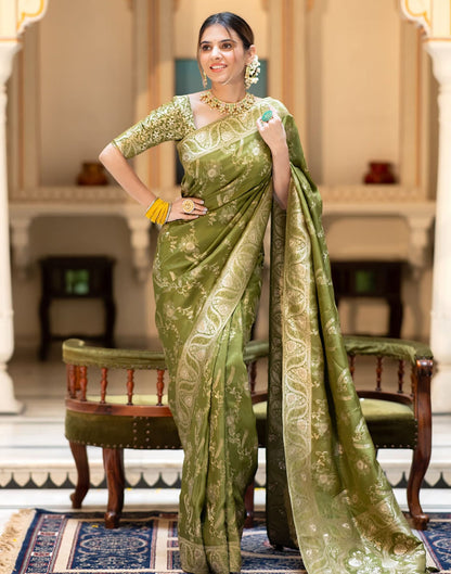 Olive Green Banarasi Silk Saree