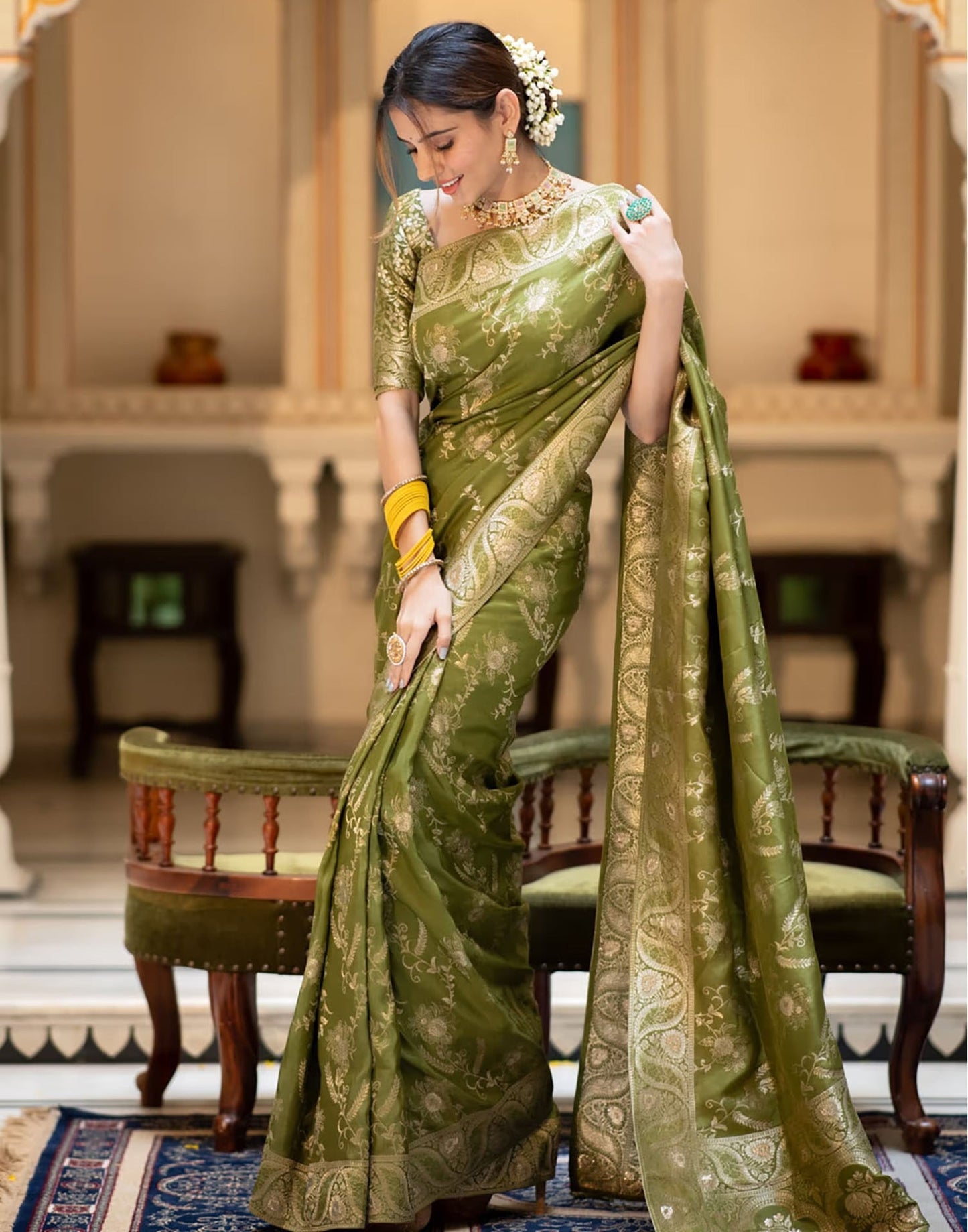 Olive Green Banarasi Silk Saree