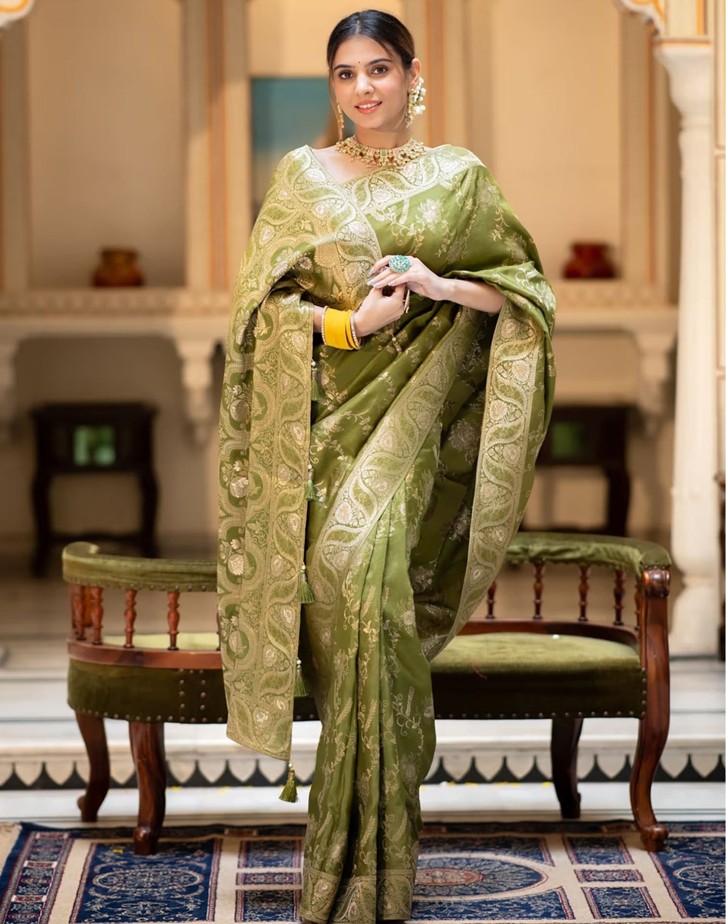 Olive Green Banarasi Silk Saree