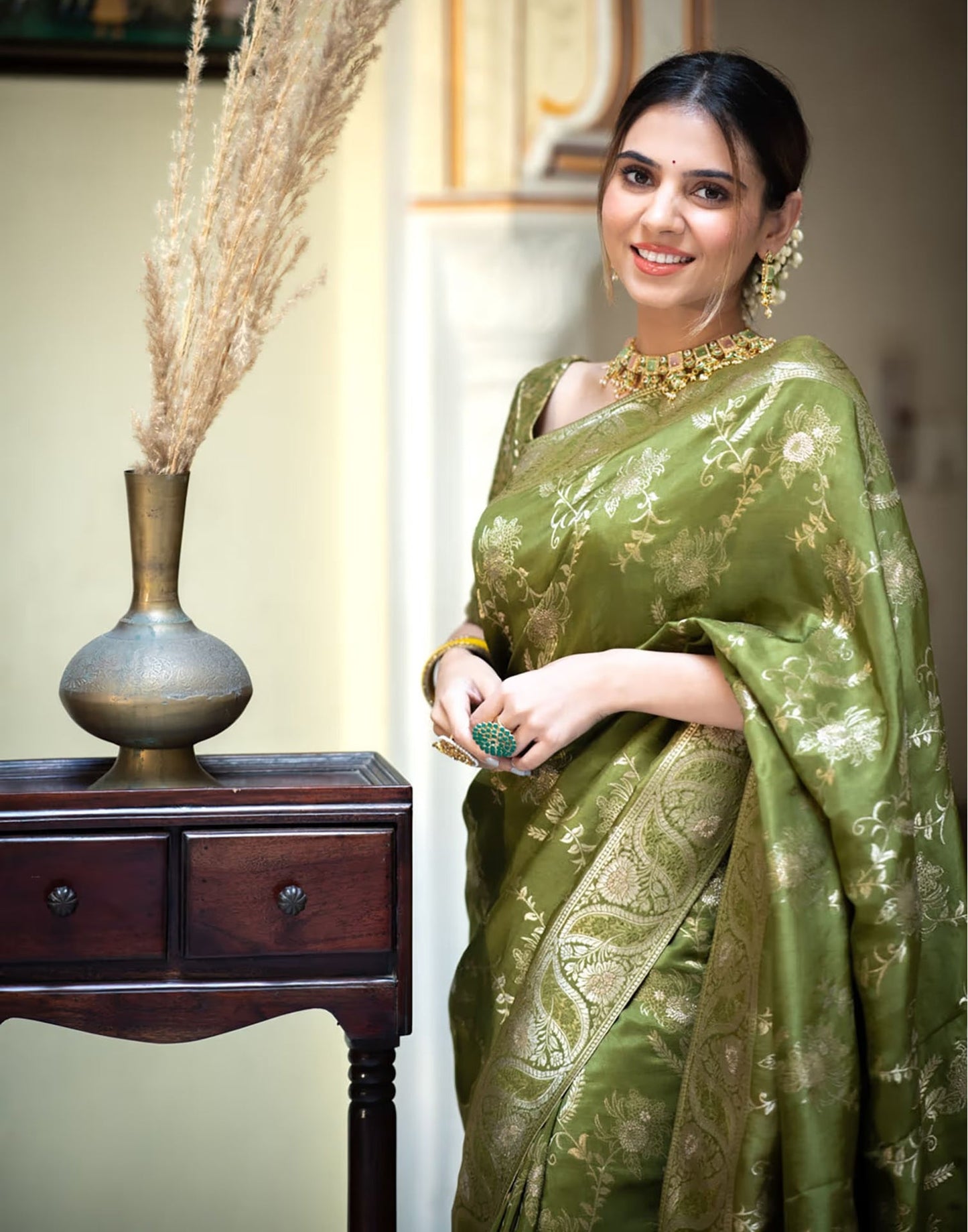 Olive Green Banarasi Silk Saree