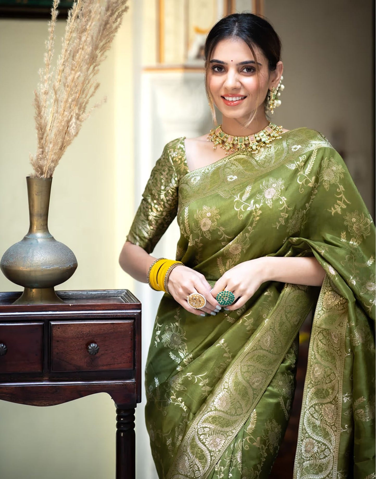 Olive Green Banarasi Silk Saree