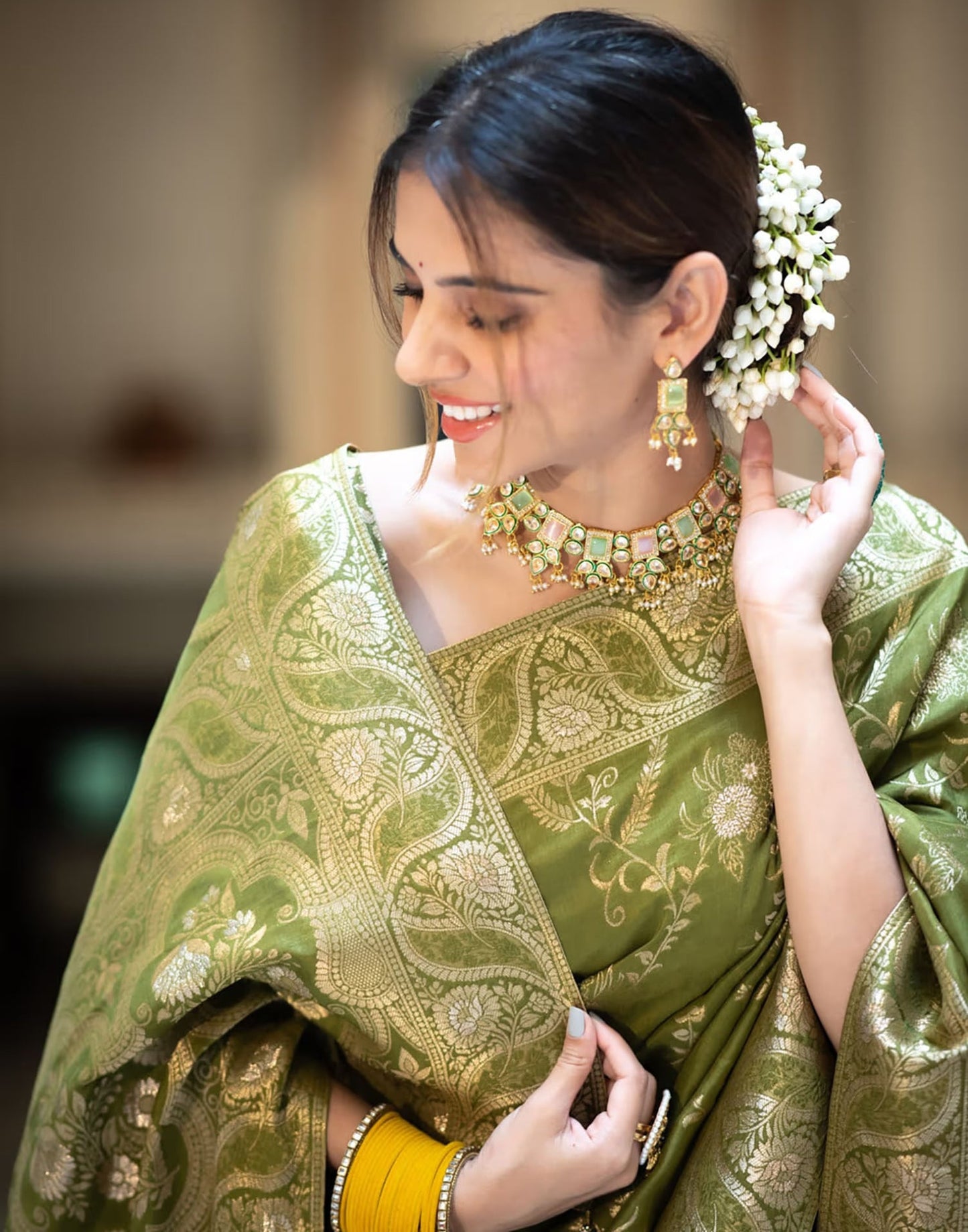 Olive Green Banarasi Silk Saree