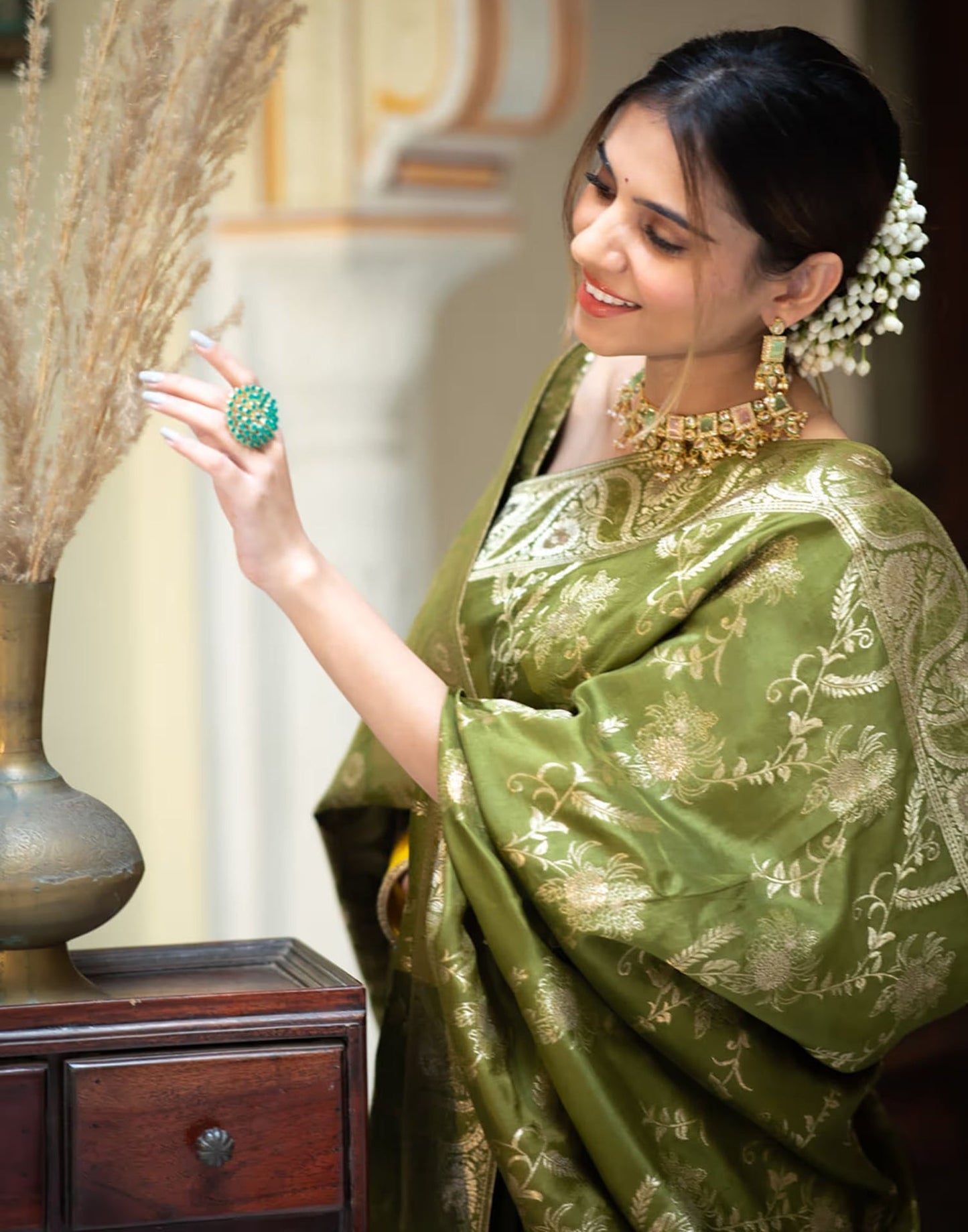 Olive Green Banarasi Silk Saree