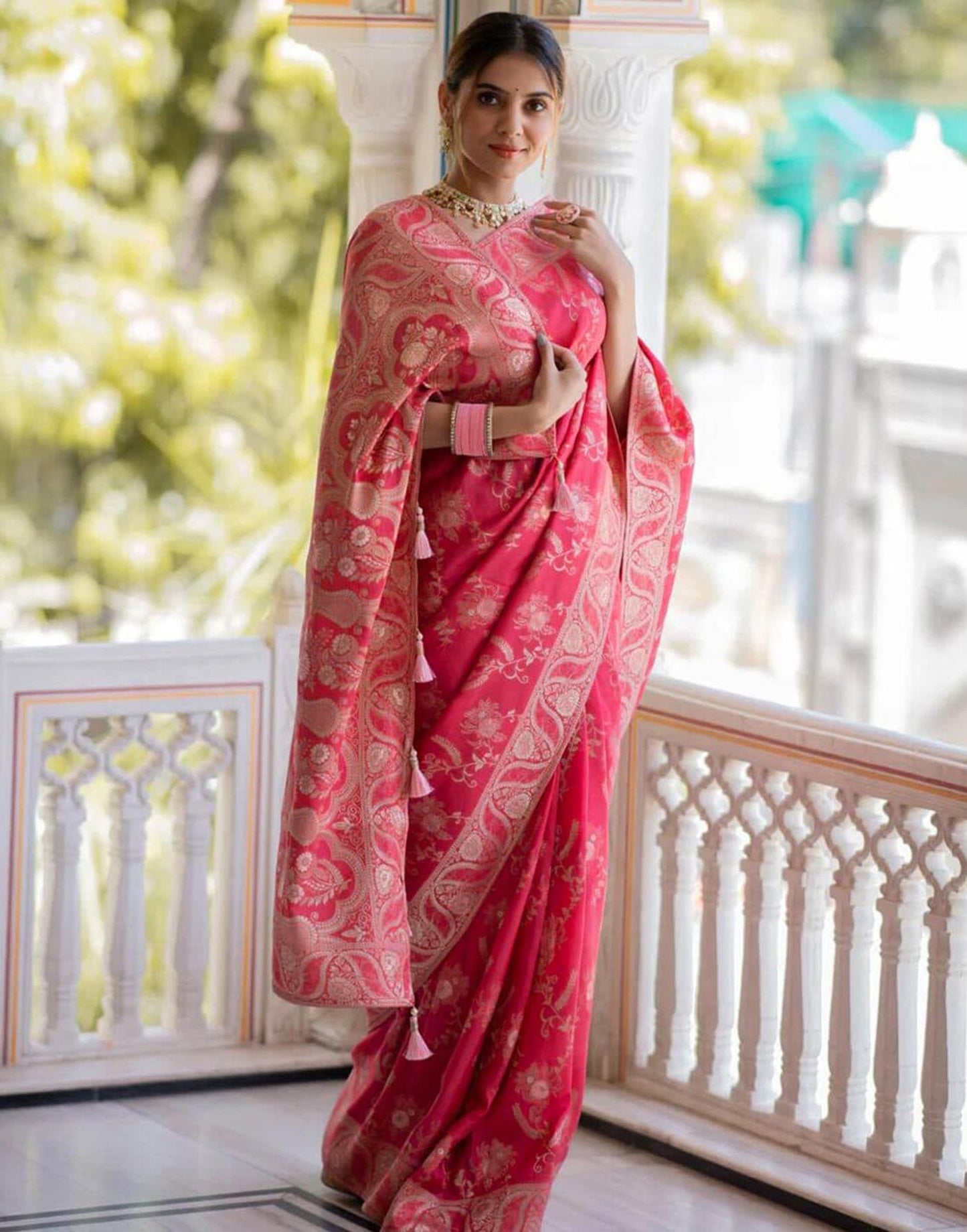 Punch Pink Silk Plain Saree