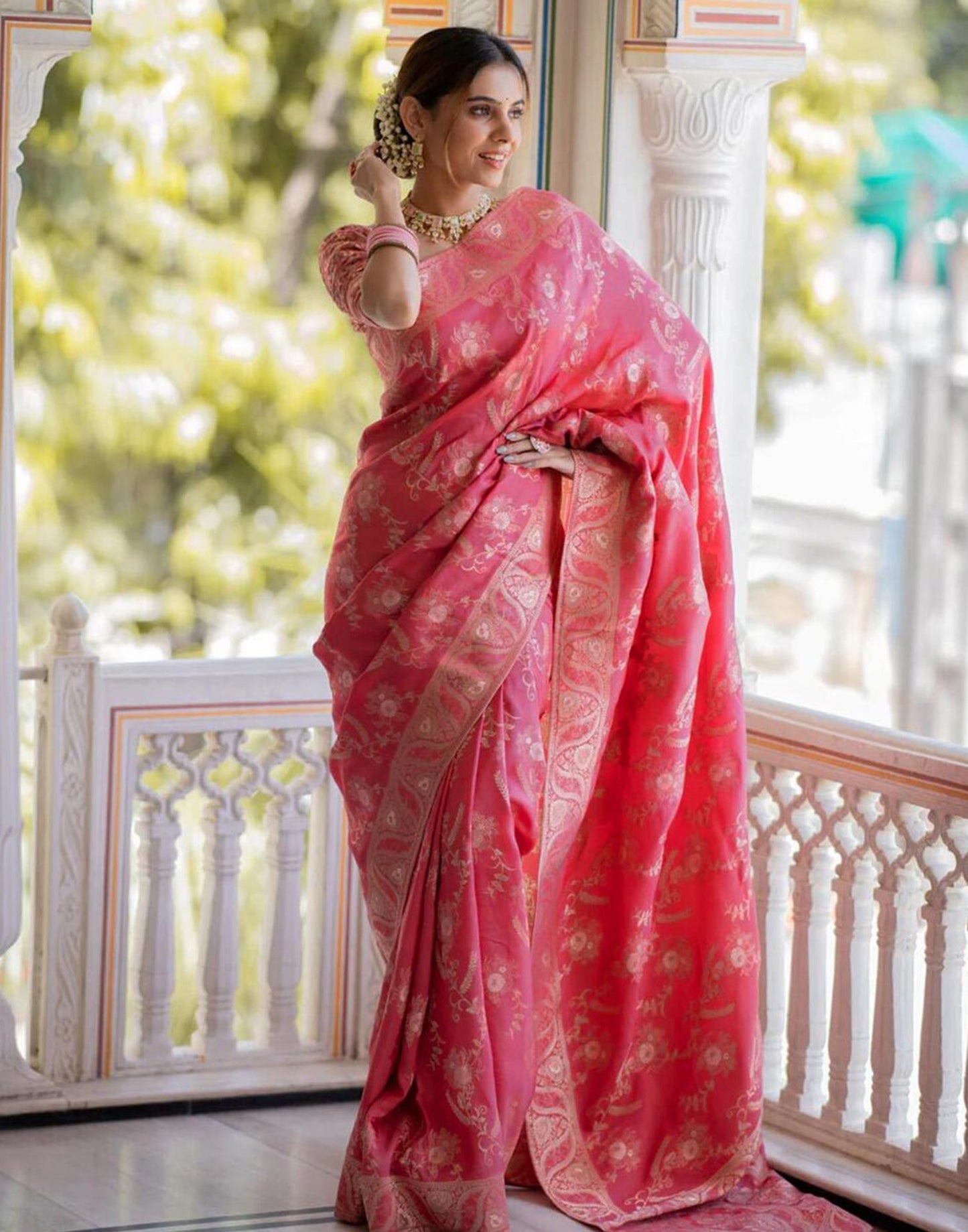 Punch Pink Silk Plain Saree