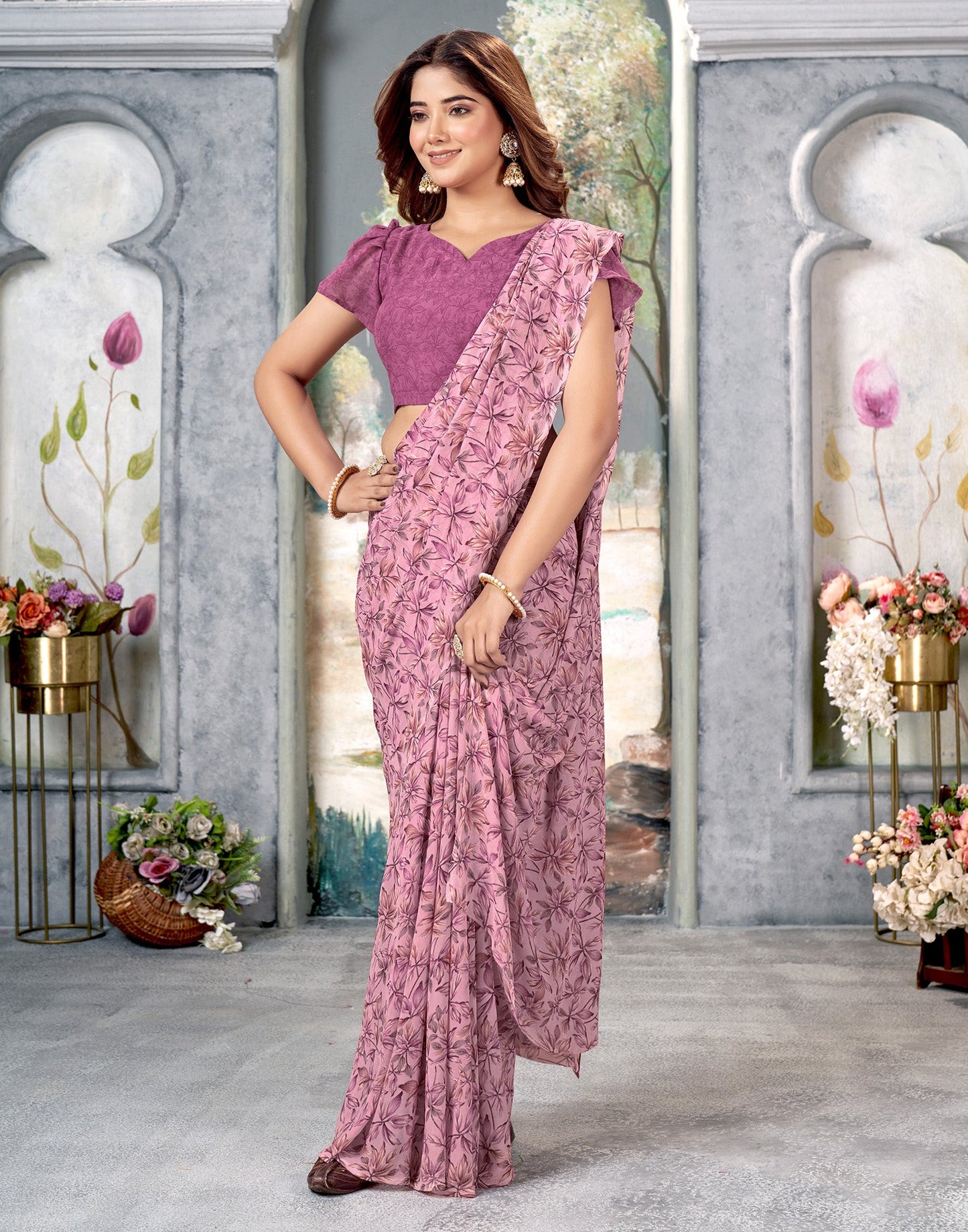 Light Pink Georgette Printed Saree