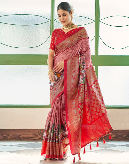 Dusty Red Silk Printed Saree