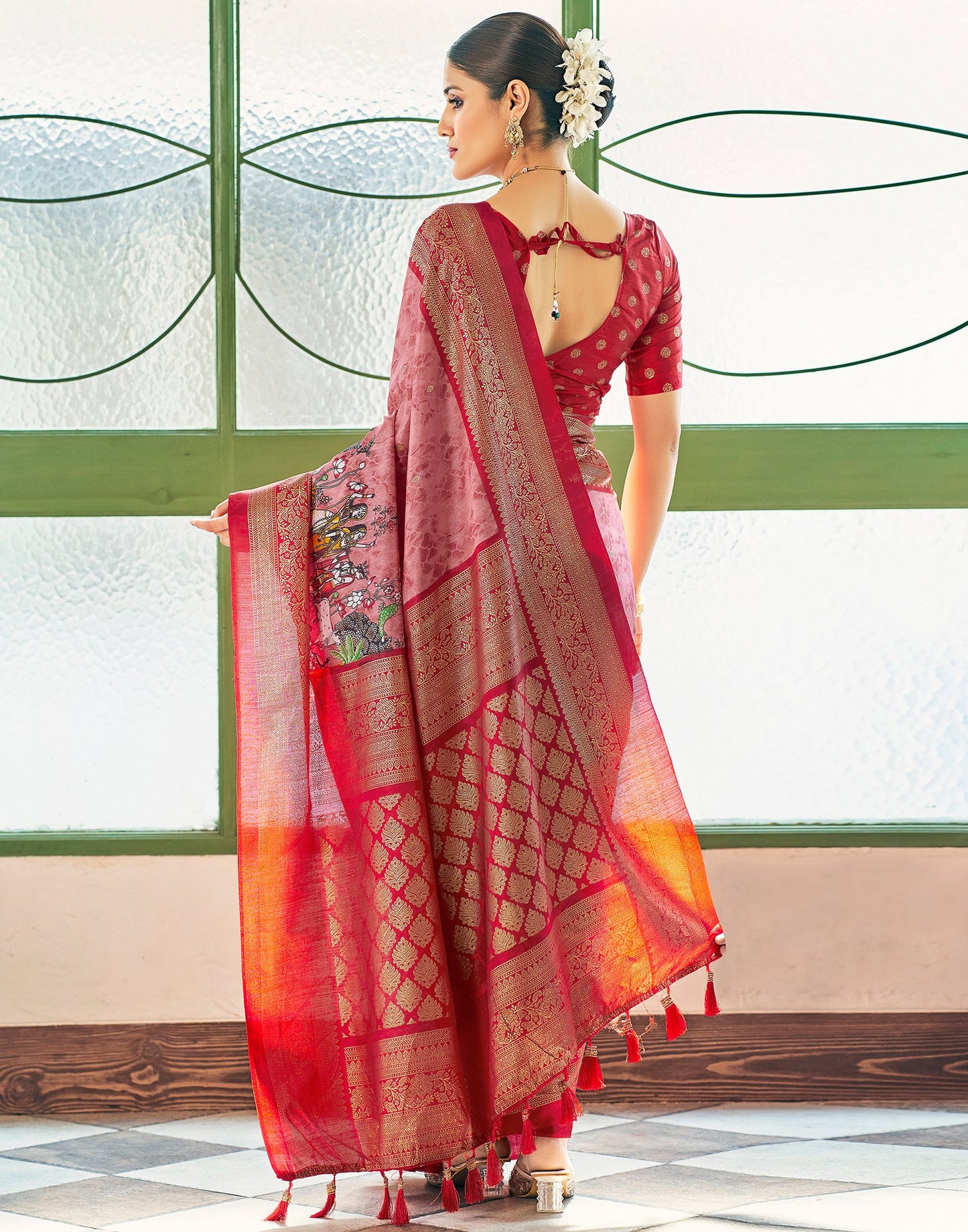 Dusty Red Silk Printed Saree