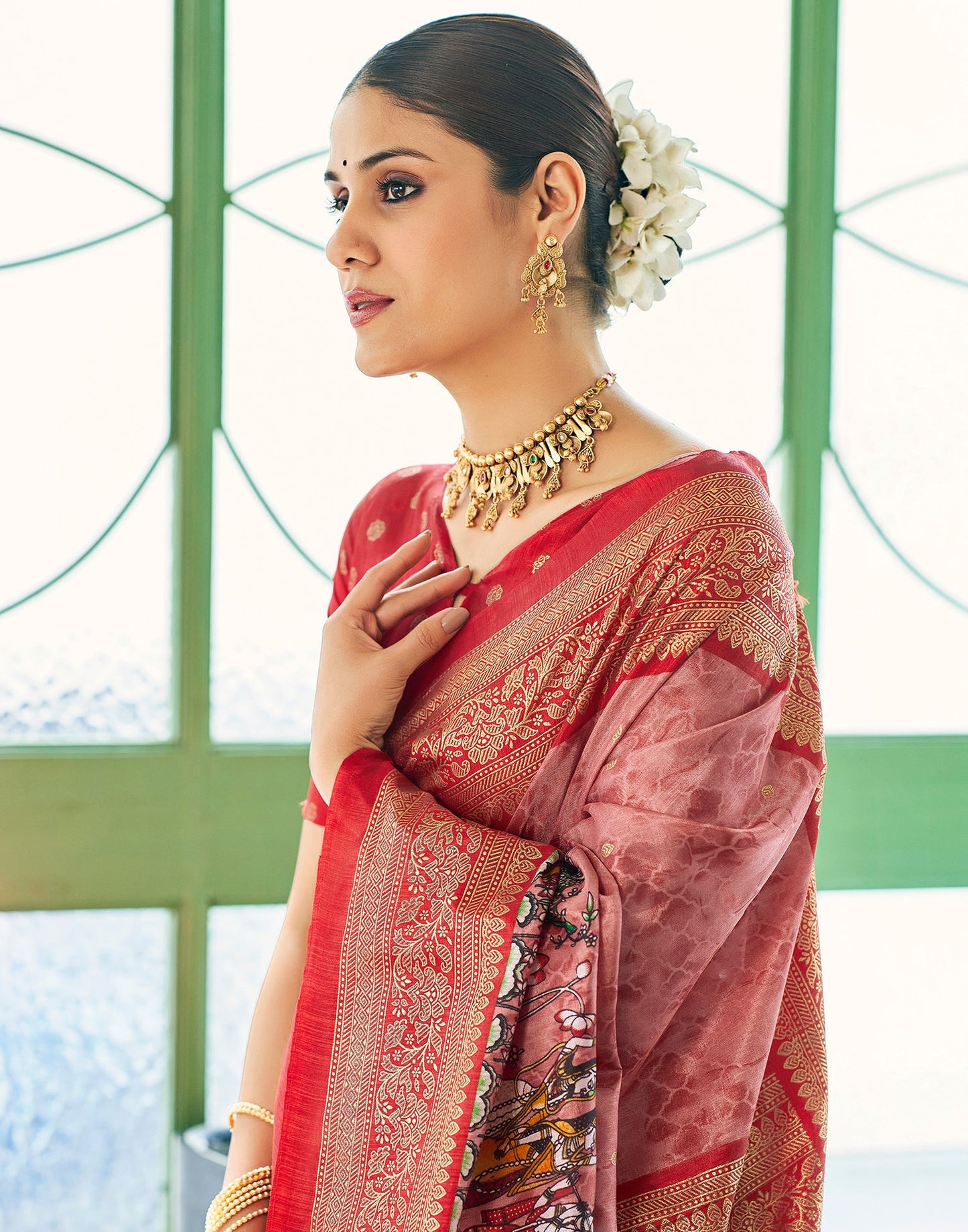 Dusty Red Silk Printed Saree