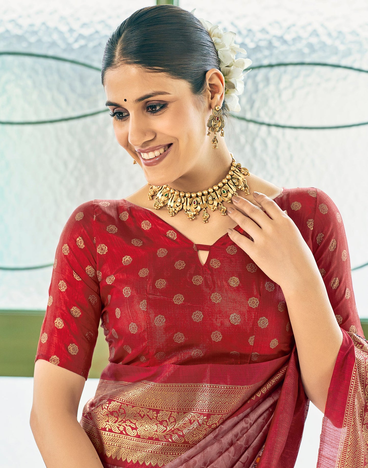 Dusty Red Silk Printed Saree