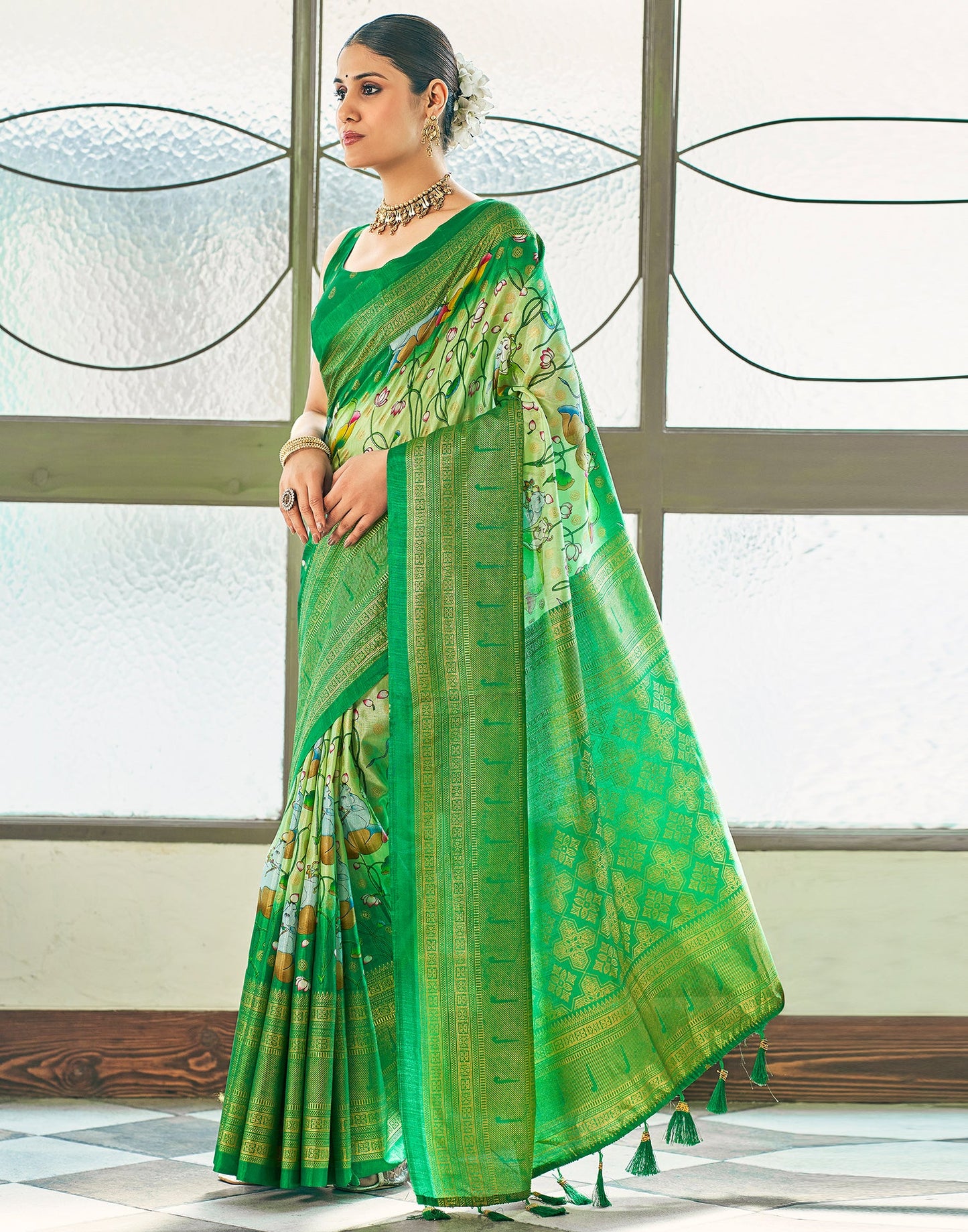 Light Green Silk Printed Saree