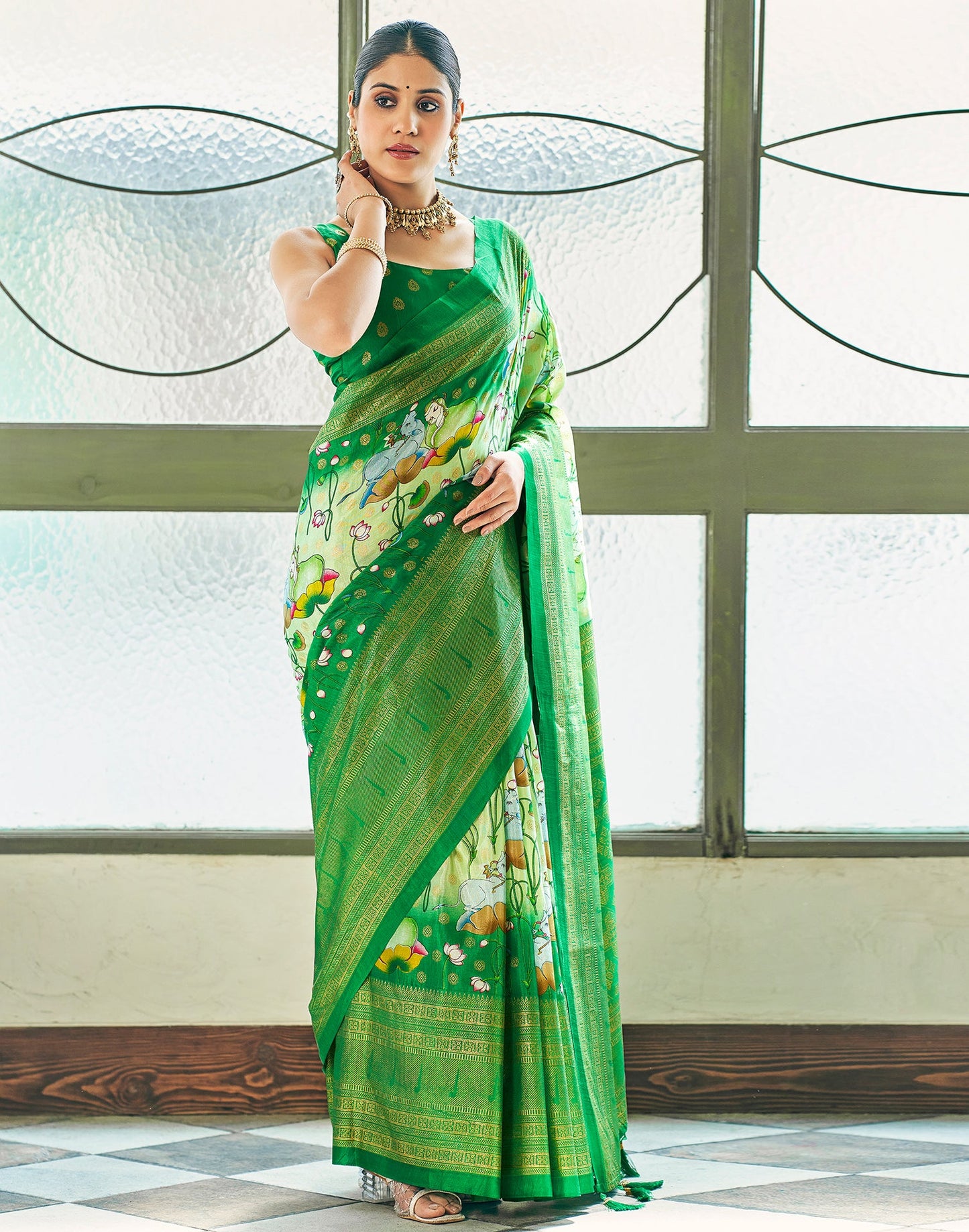 Light Green Silk Printed Saree