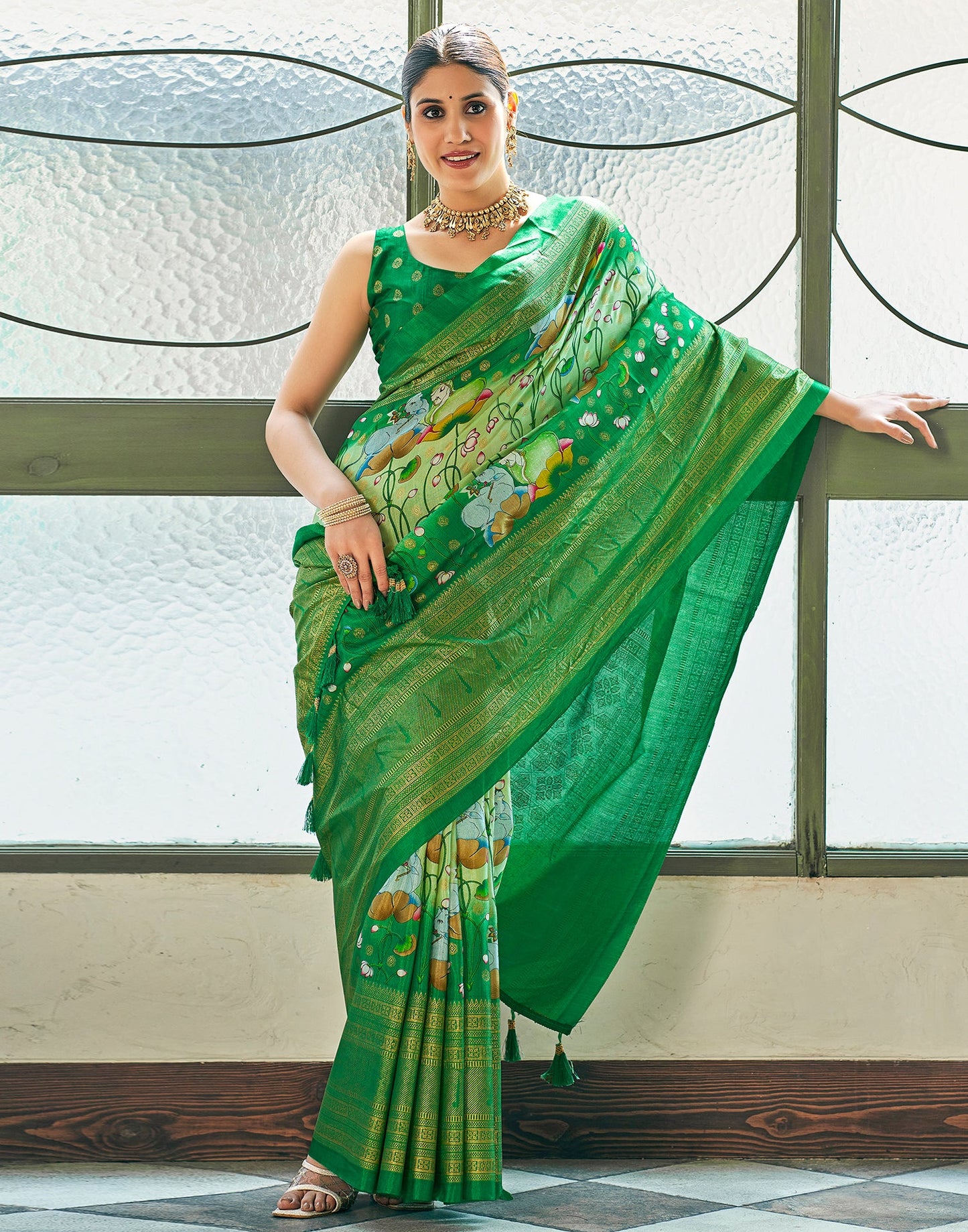 Light Green Silk Printed Saree