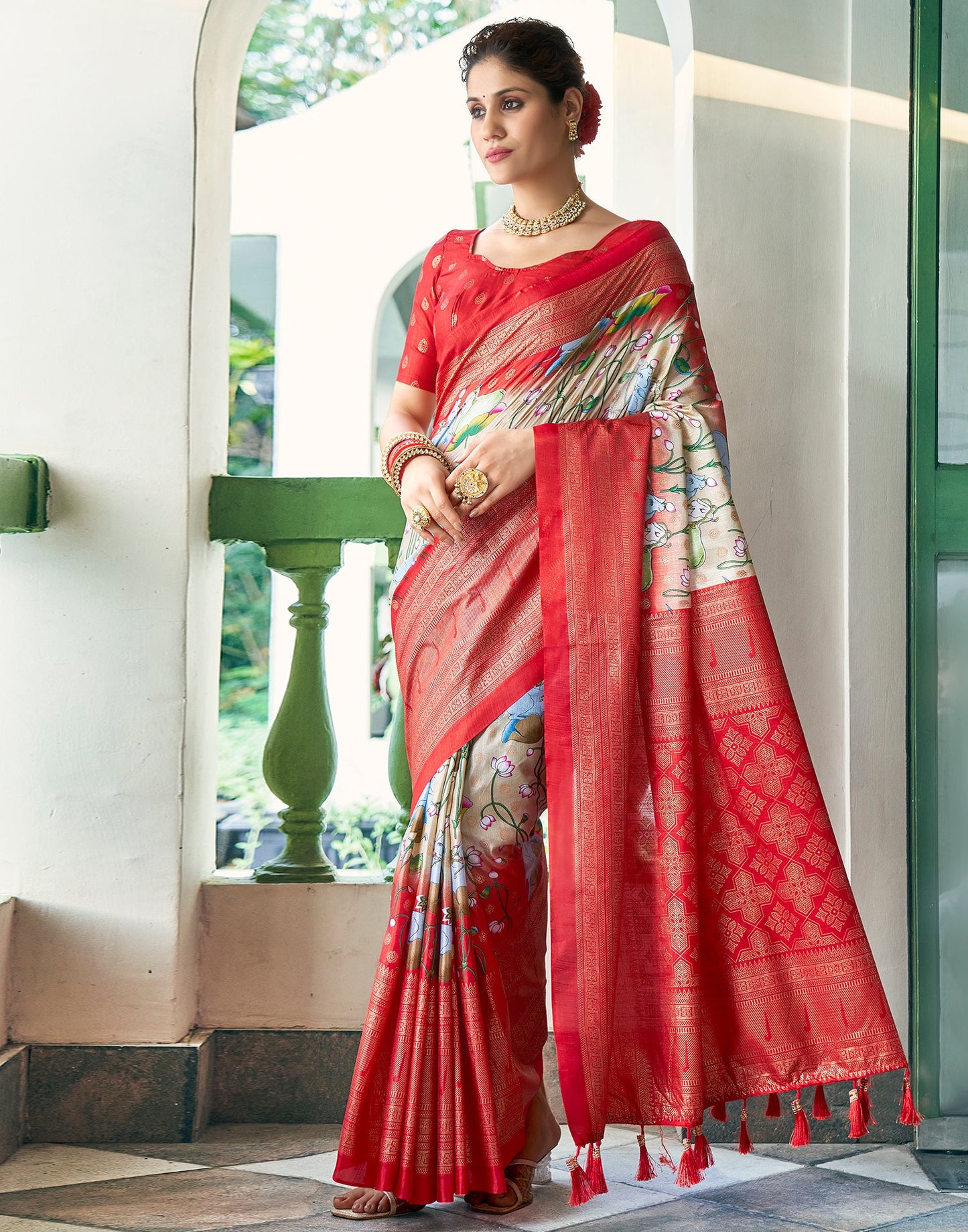 Light Beige Silk Printed Saree