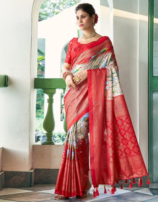 Light Beige Silk Printed Saree