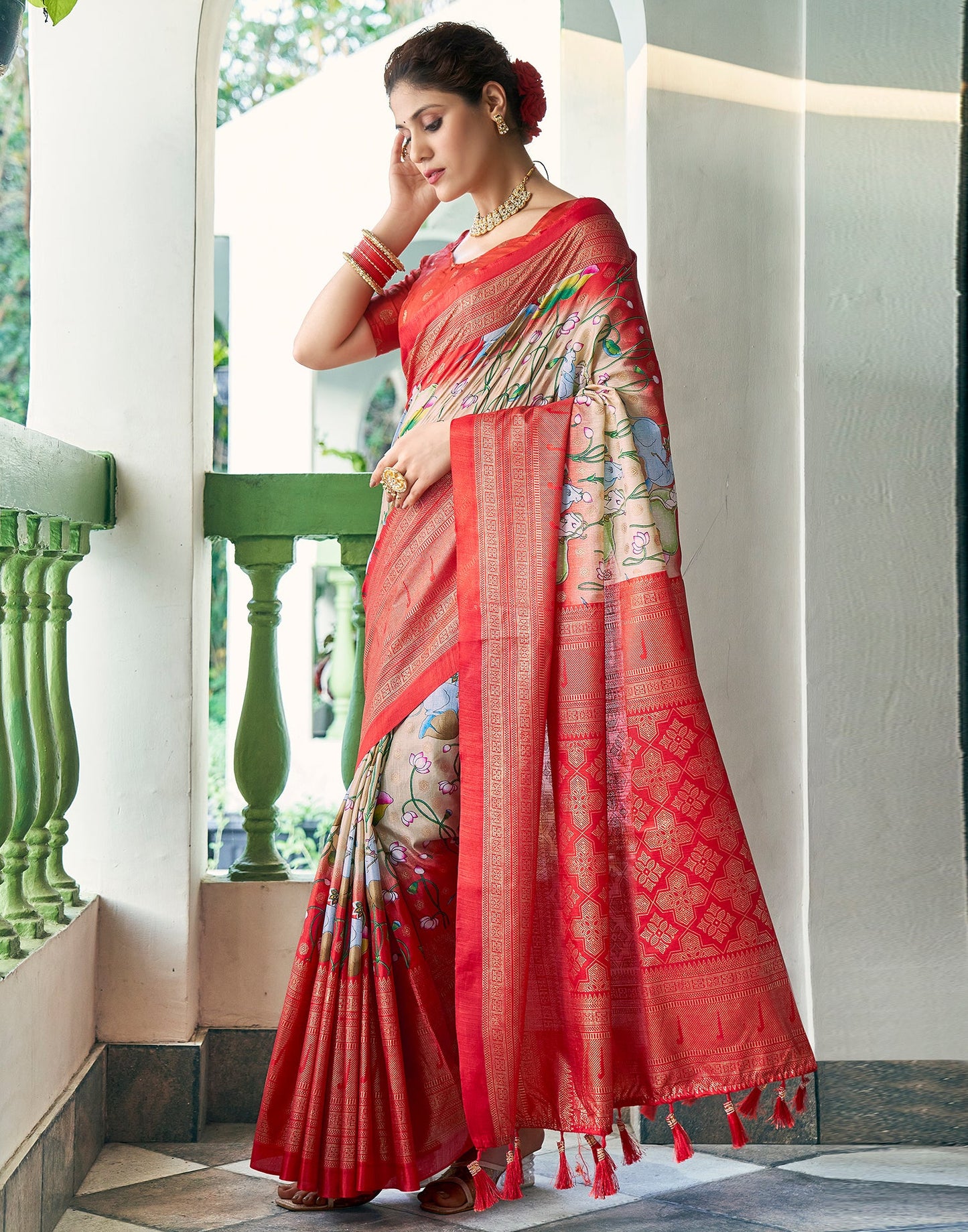 Light Beige Silk Printed Saree