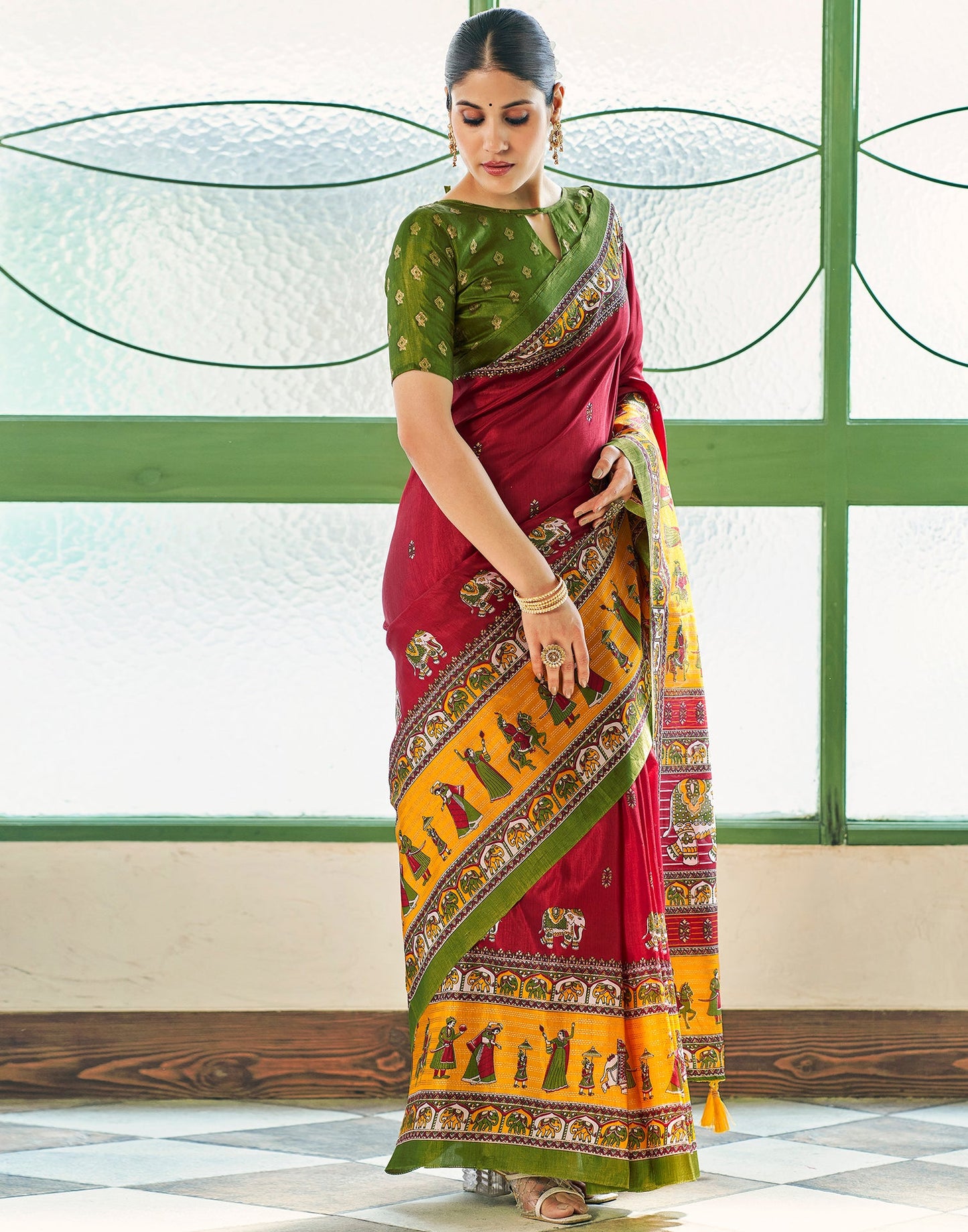 Maroon Silk Printed Saree