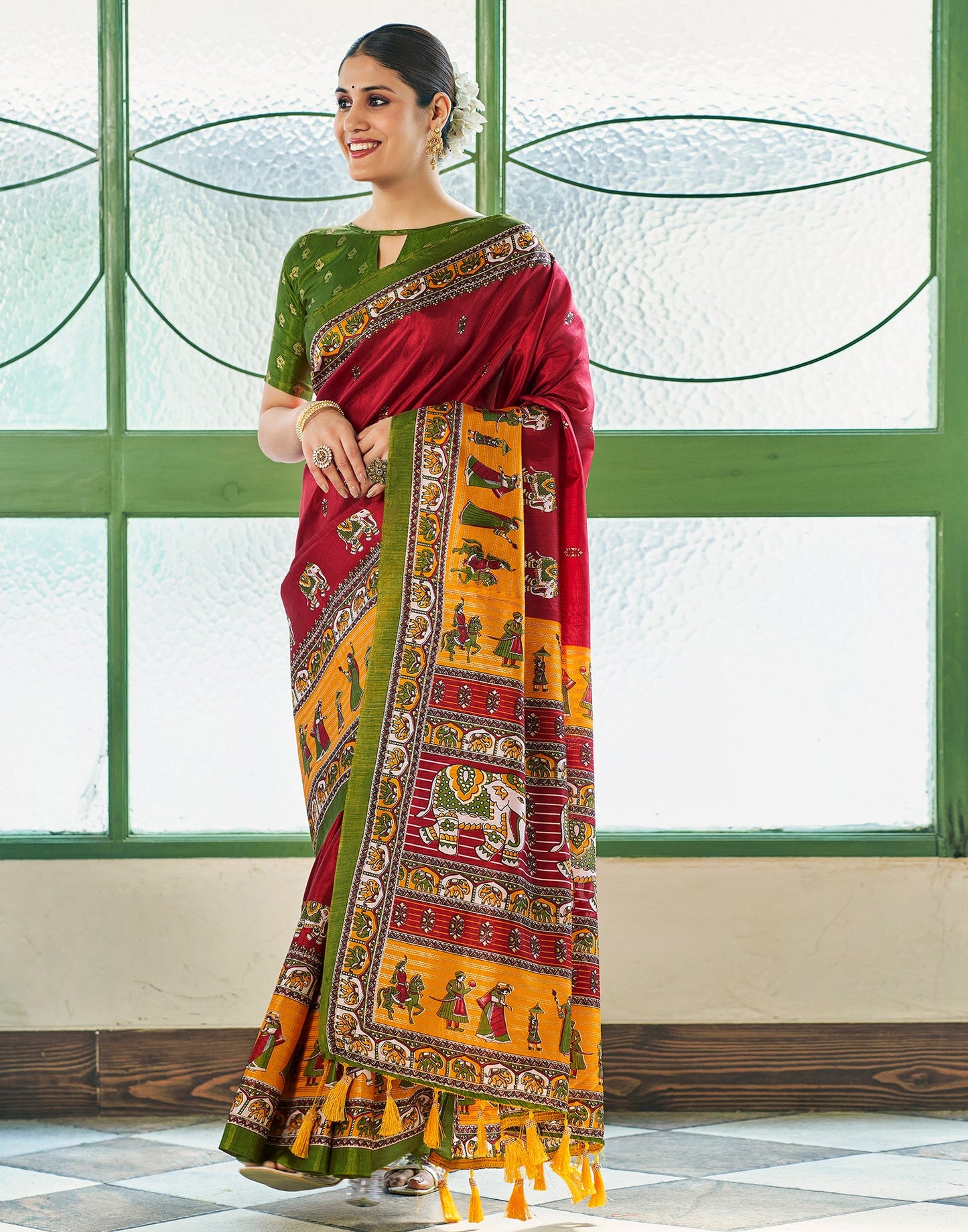 Maroon Silk Printed Saree