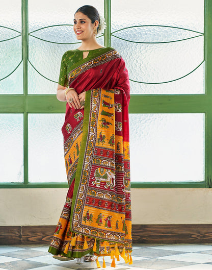Maroon Silk Printed Saree