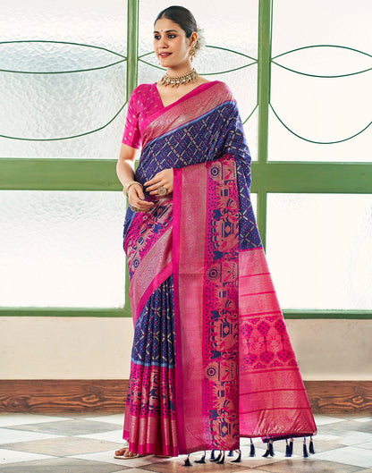 Navy Blue & Pink Motif Printed Silk Saree