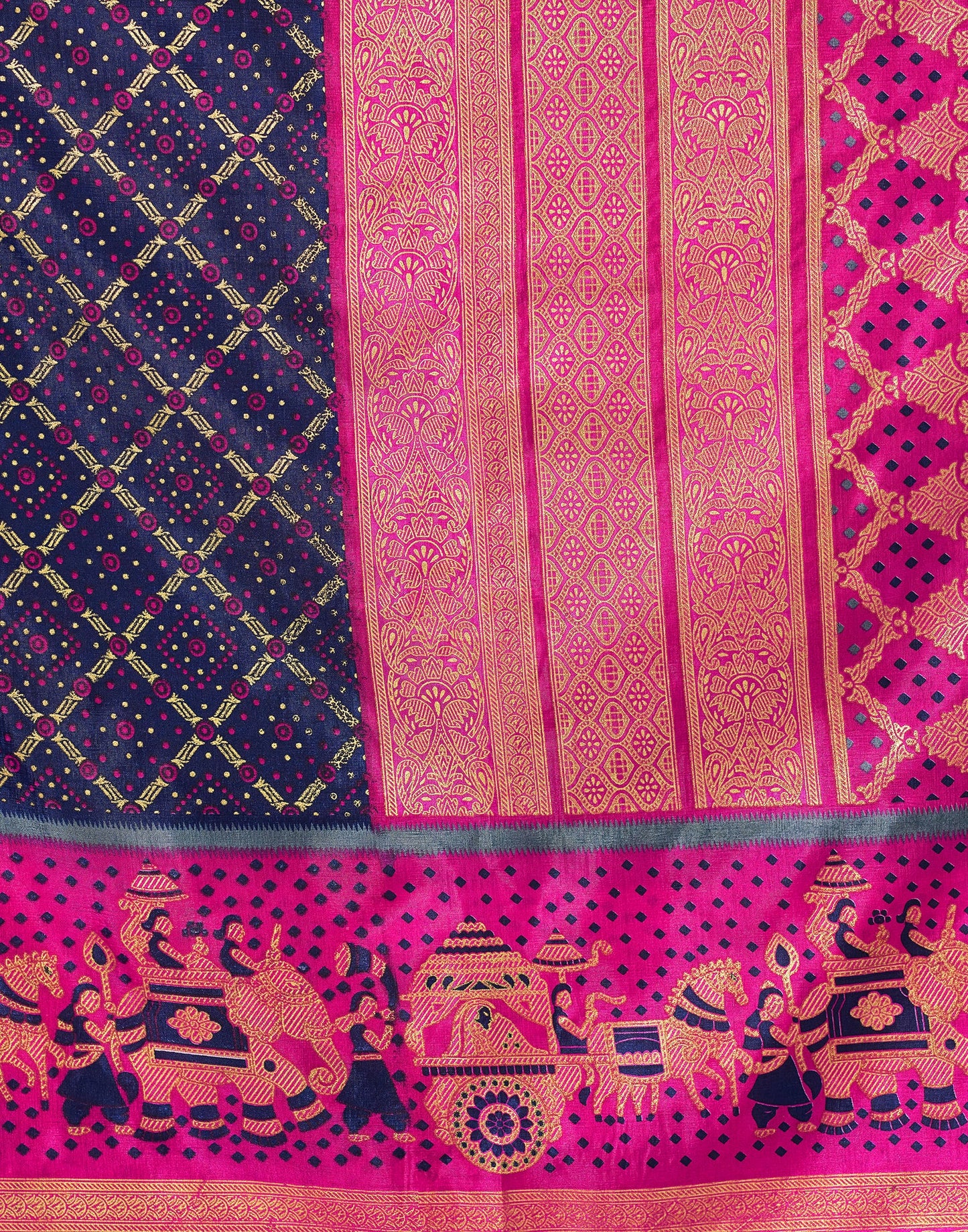 Navy Blue & Pink Motif Printed Silk Saree