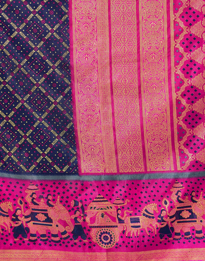 Navy Blue & Pink Motif Printed Silk Saree