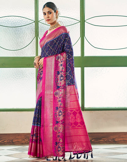 Navy Blue & Pink Motif Printed Silk Saree