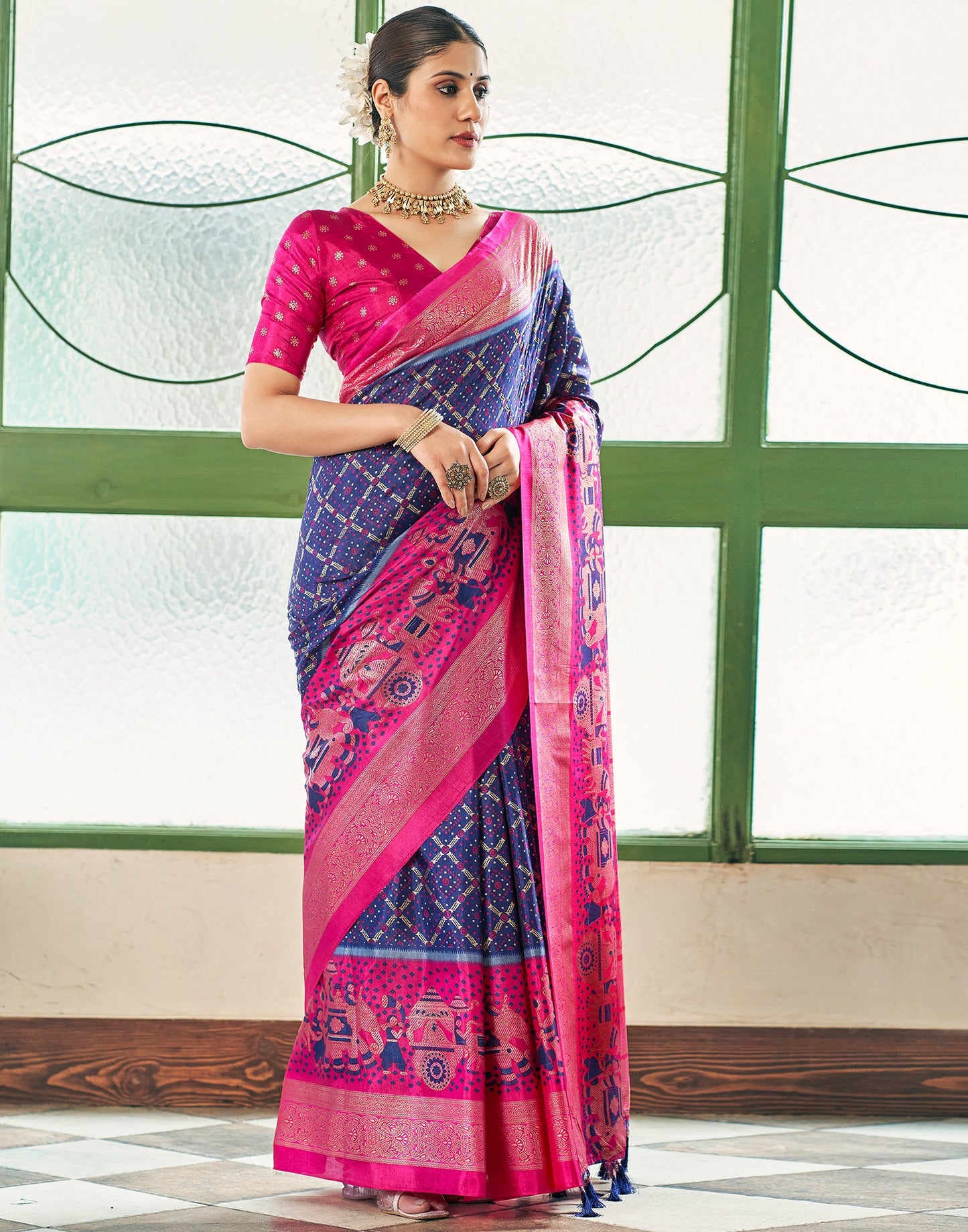 Navy Blue & Pink Motif Printed Silk Saree